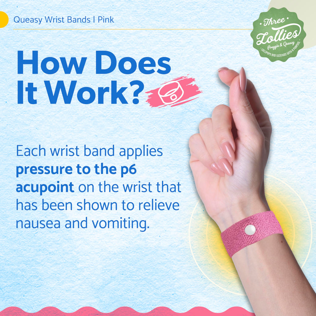 Three Lollies Queasy Wrist Bands - Natural Non-Drowsy Nausea Relief & Sickness Prevention - Travel & Motion Sickness - Relief fr