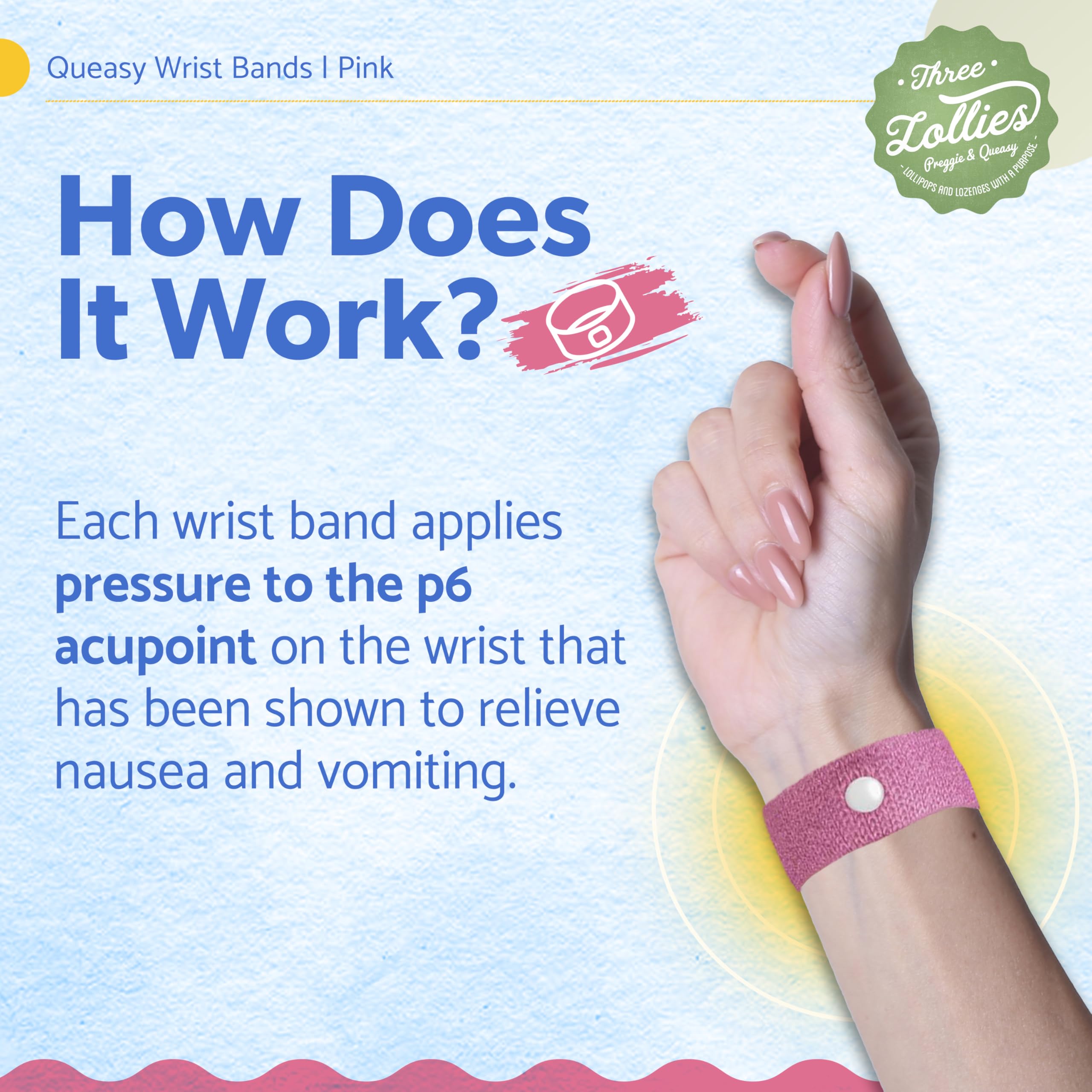 Three Lollies Queasy Wrist Bands - Natural Non-Drowsy Nausea Relief & Sickness Prevention - Travel & Motion Sickness - Relief fr