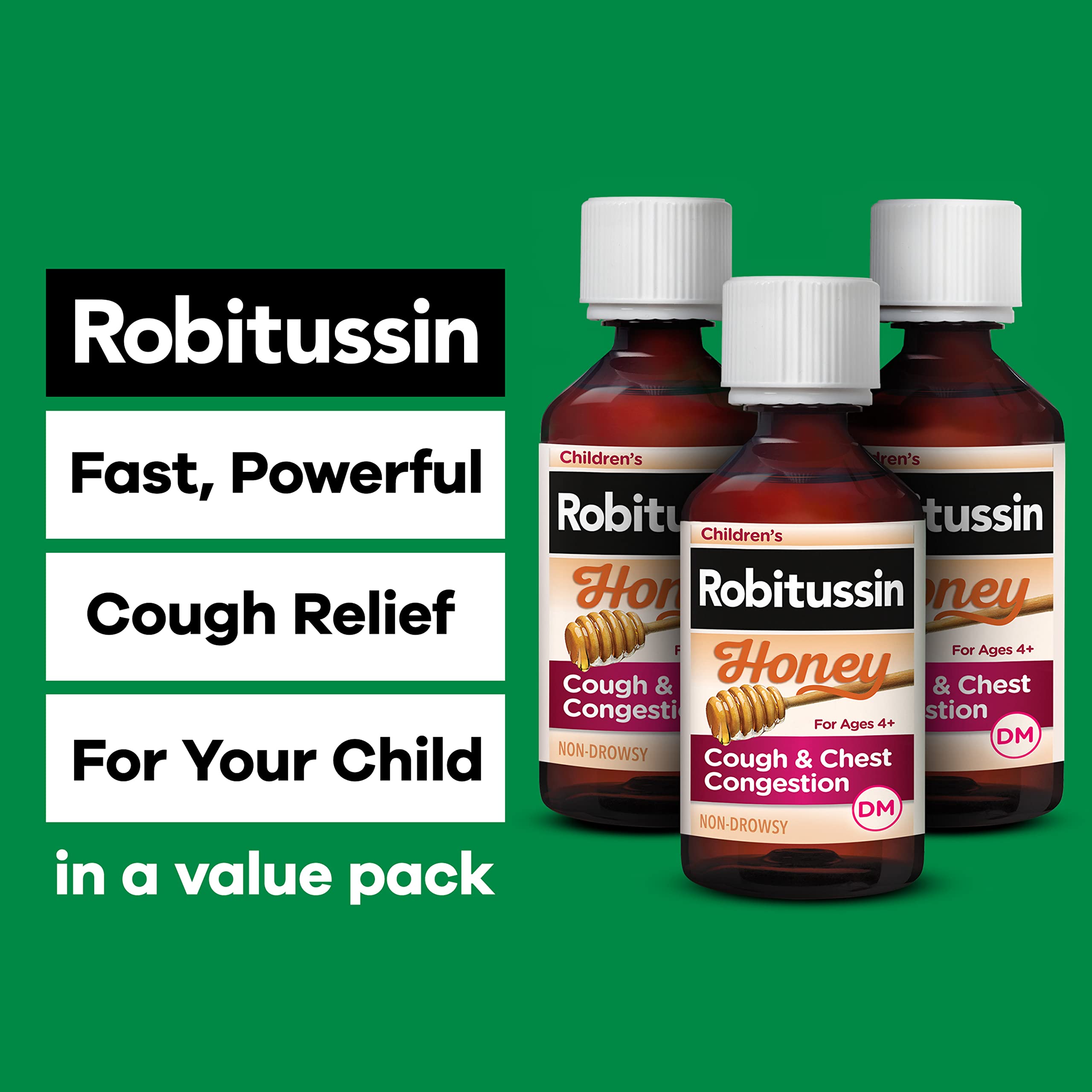 Childrens Robitussin Honey Cough and Chest Congestion DM, Childrens Cough Medicine Made with Real Honey for Flavor - 4 Fl Oz x