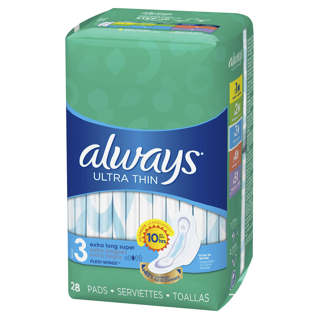 Always Ultra Thin Size 3 Extra Long Super Pads With Wings Unscented, 28 Count