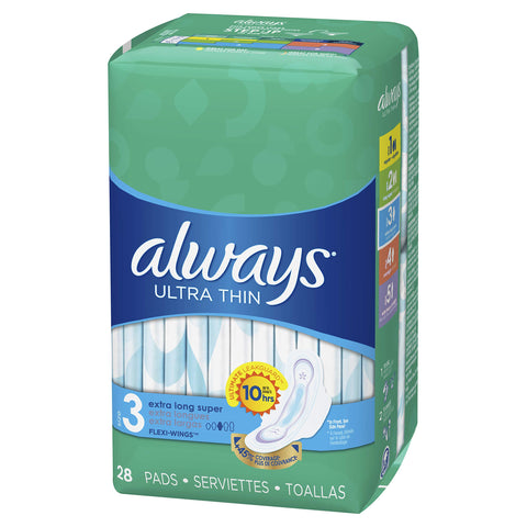 Always Ultra Thin Size 3 Extra Long Super Pads With Wings Unscented, 28 Count