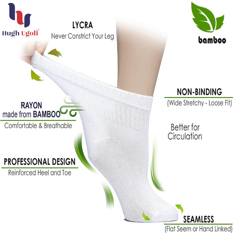 Hugh Ugoli Diabetic Socks for Women, Super Soft & Thin Rayon derived from Bamboo Ankle Socks, Wide & Loose, Non-Binding Top & Se