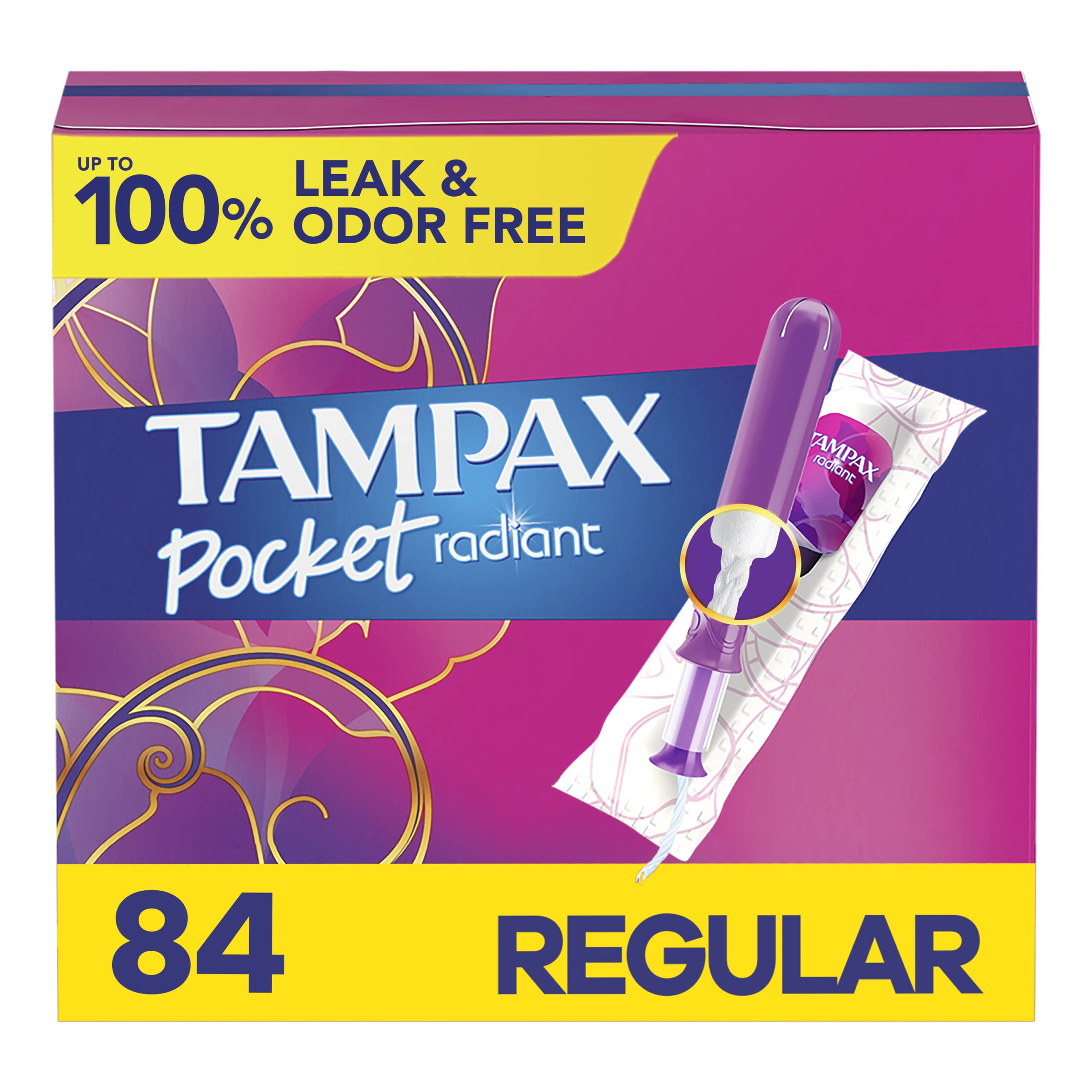 Tampax Pocket Radiant Compact Plastic Tampons, with LeakGuard Braid, Regular Absorbency, Unscented, Pack of 3 (28 count each pac