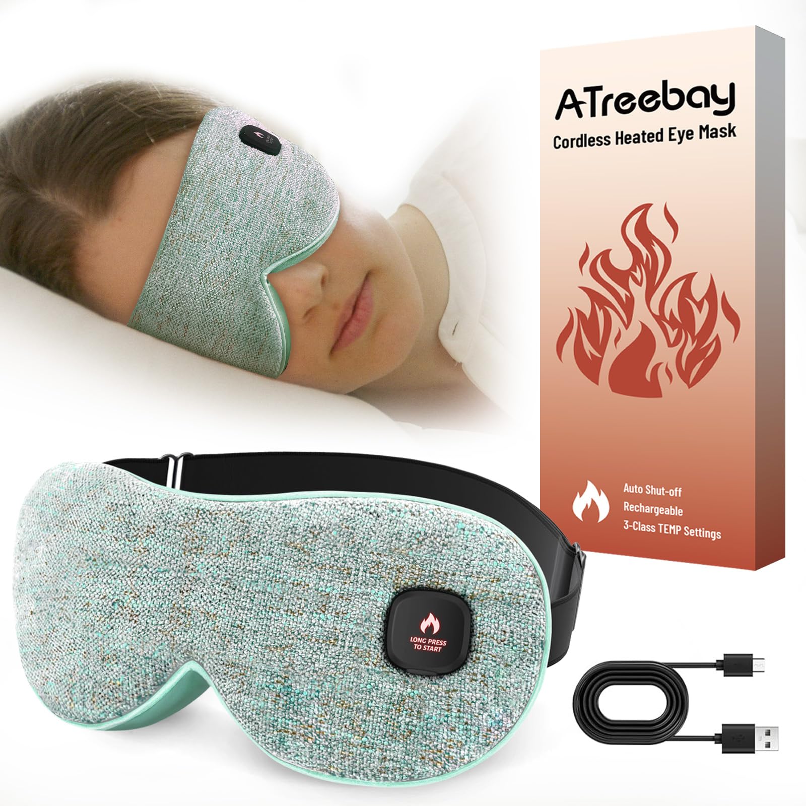 ATreebay Cordless Heated Eye Mask for Dry Eyes, Eye Mask for Dry Eyes, Washable Eye Heating Pad, Electric Warm Eye Compress Mois