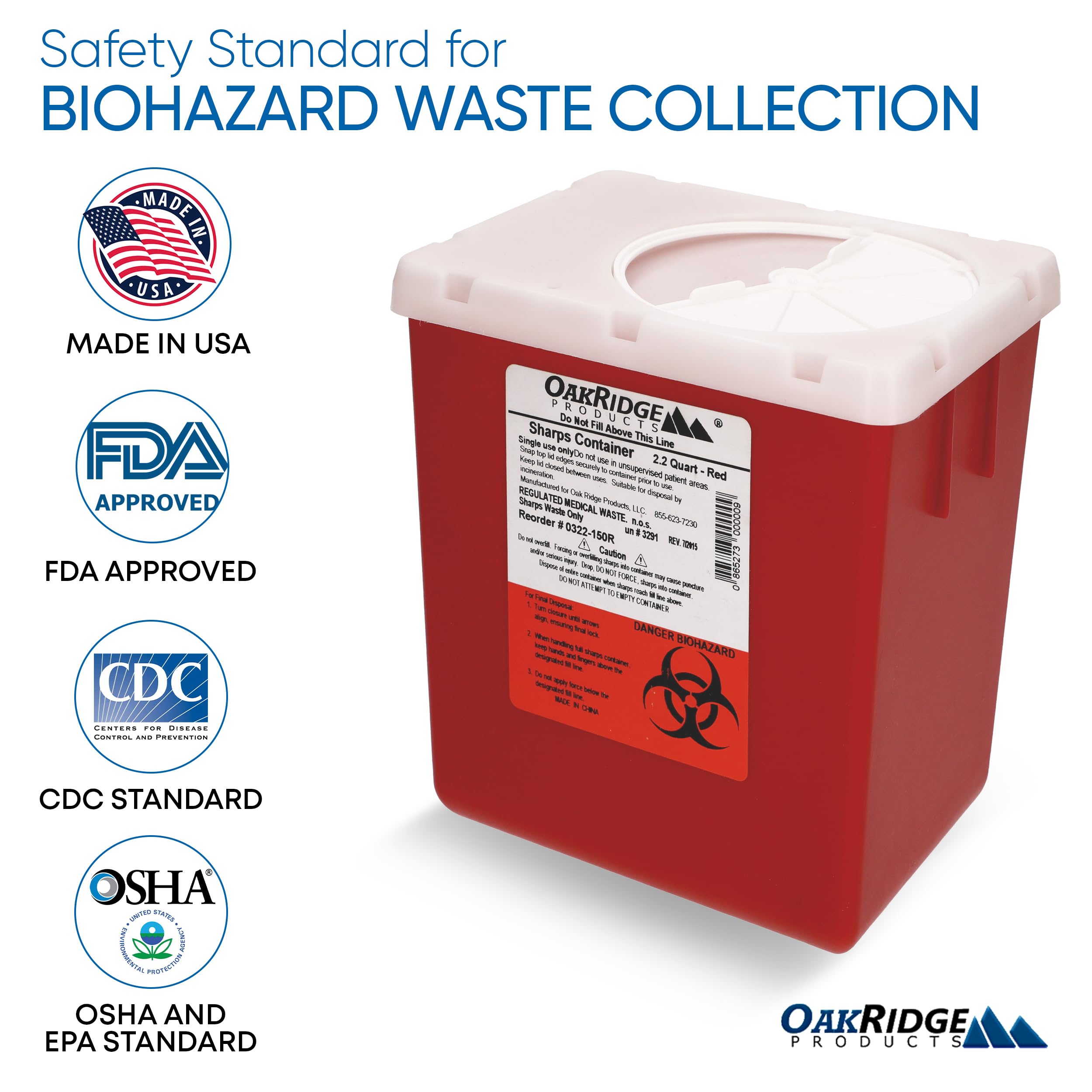 Oakridge Products Transparent Sharps Container for Home Use and Professional 2.2 Quart (1-Pack), Touchless Biohazard Needle and