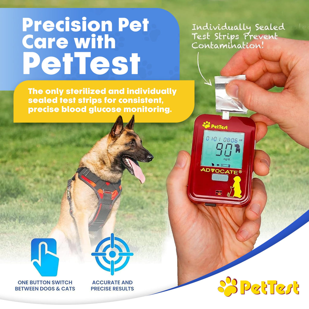 PetTest Blood Glucose Test Strips, Easy Open for Use with a Glucometer Monitor for Dogs & Cats, sterilized and Individually Seal