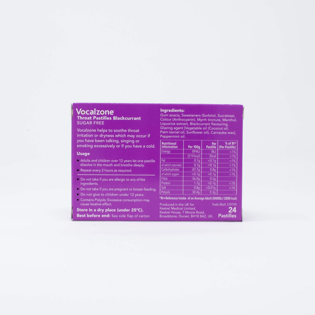 Vocalzone Throat Pastilles Blackcurrant Sugar Free 3 Packs 24- for Sore Throats and Hoarseness When Overusing Your Voice. Produc