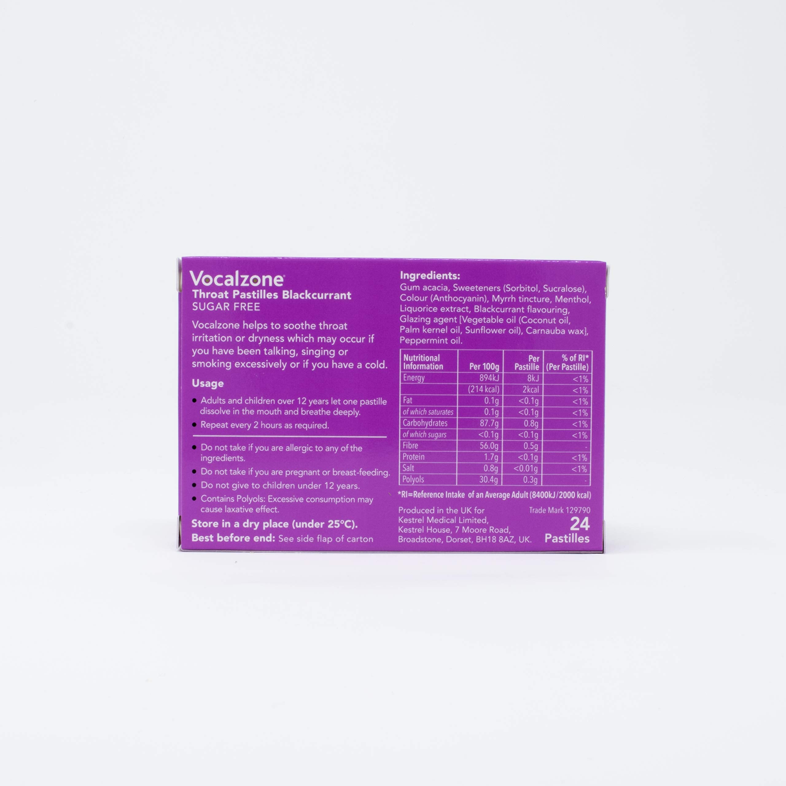 Vocalzone Throat Pastilles Blackcurrant Sugar Free 3 Packs 24- for Sore Throats and Hoarseness When Overusing Your Voice. Produc