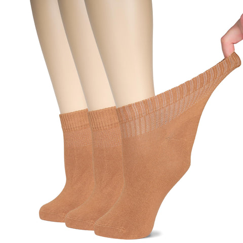 Hugh Ugoli Women's Bamboo Ankle Loose Fit Diabetic Socks, Soft, Seamless Toe, Wide Stretchy, Non-Binding Top, 3 Pairs, Hazel, Sh
