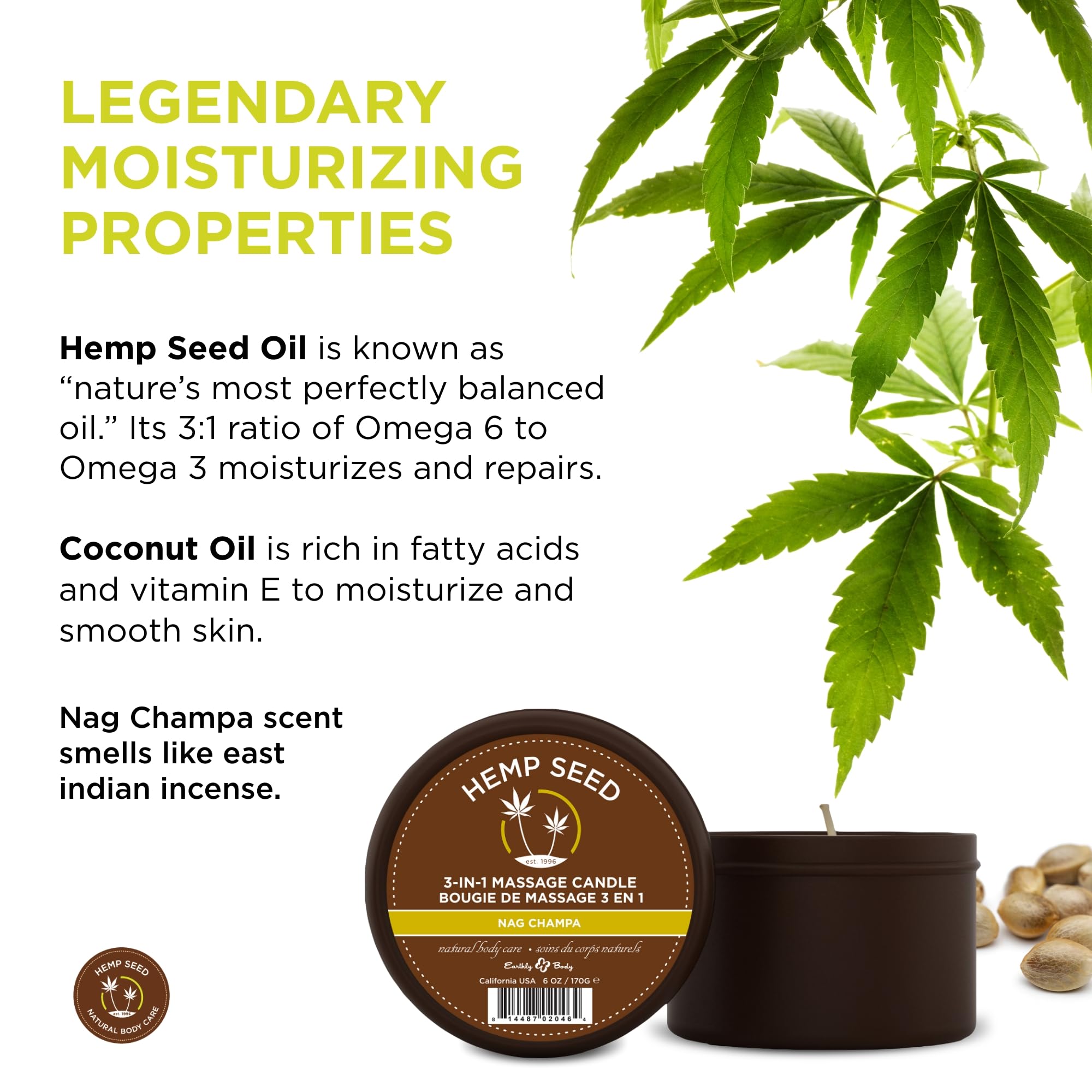 Hemp Seed 3-in-1 Massage Candle, Nag Champa Scent - 6 oz. - Candle, Massage Oil & Moisturizer in One - Hemp Seed, Coconut, Apric