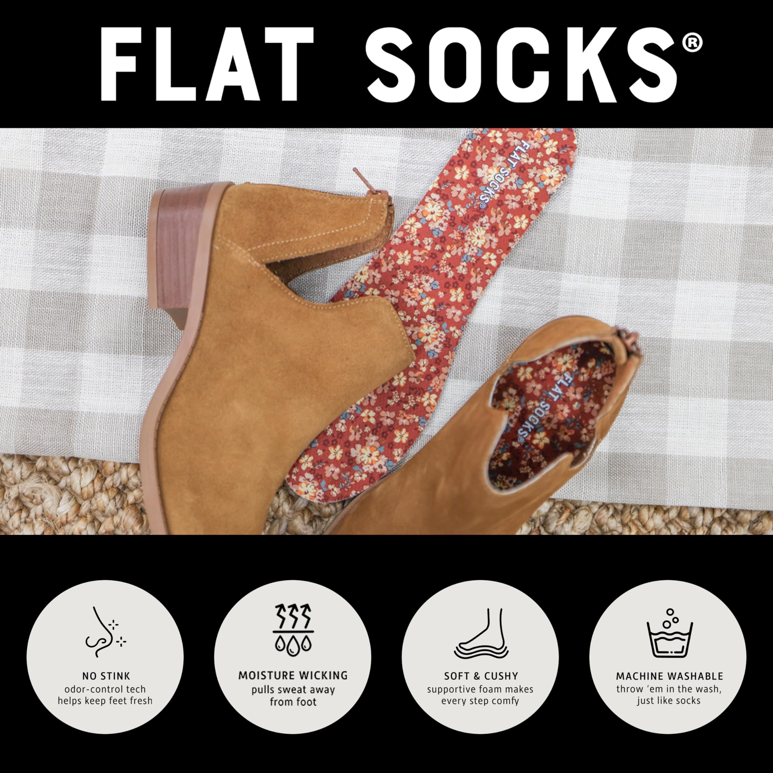FLAT SOCKS No Show Socks, Sockless Shoe Liner, No Slipping, No Stinking, Washable Barefoot Shoe Insert for Men and Women, Becky