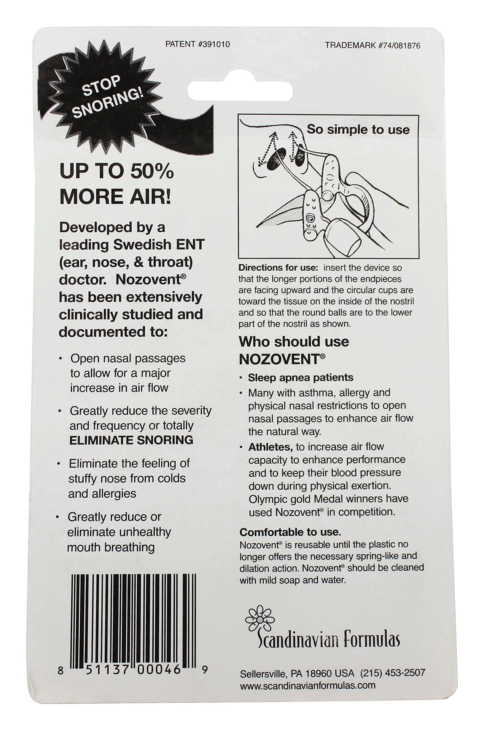 Scandinavian Formulas Nozovent Anti-Snoring Device, 2 Count