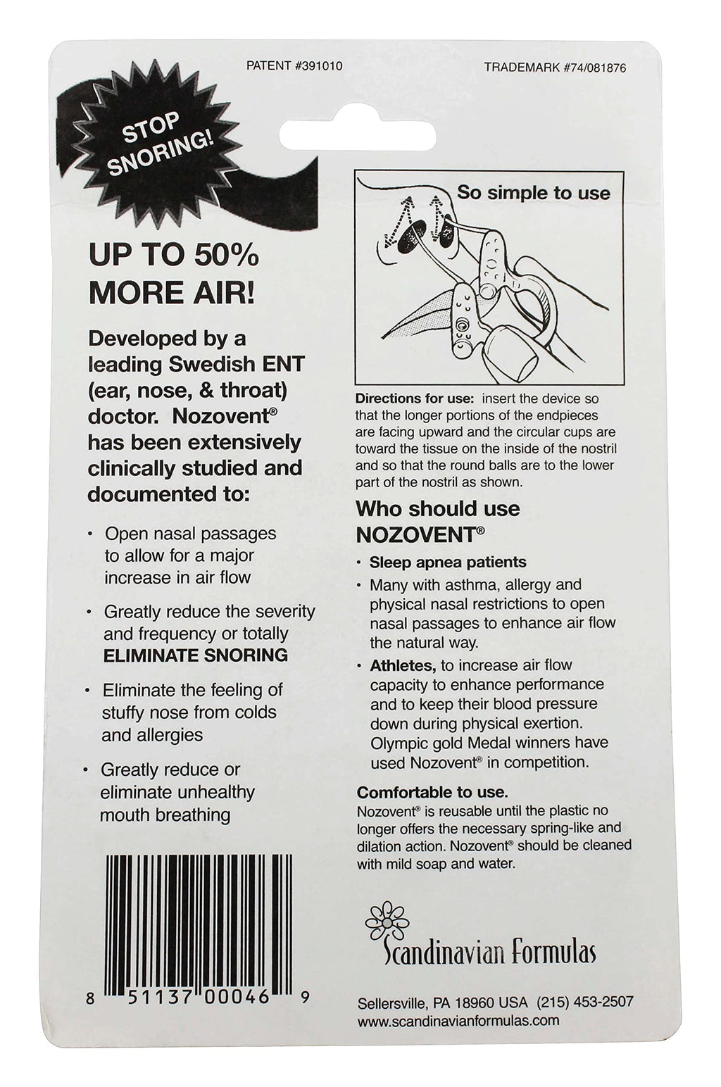 Scandinavian Formulas Nozovent Anti-Snoring Device, 2 Count