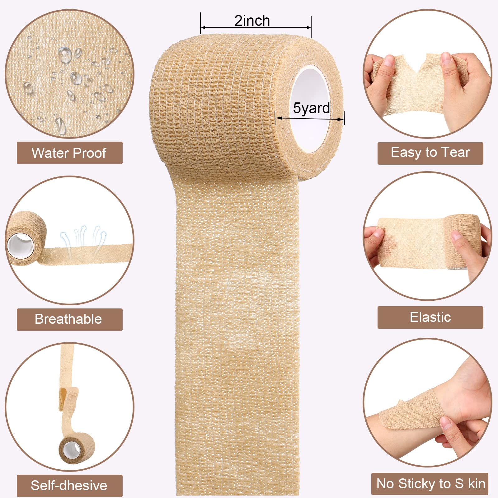 Treela 48 Pack Self Adhesive Wrap Bandage Bulk, Self Adherent Cohesive Bandage Elastic Athletic Tape Breathable Wound Tape for S