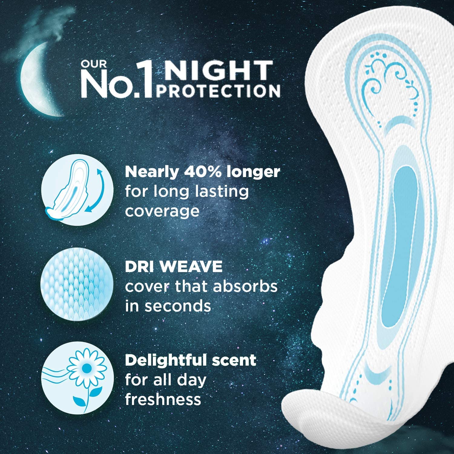 Whisper Bindazzz Night Sanitary Pads|Pack of 16 Thin Pads|XXL+|Upto 0% Leaks|60% Longer & Wider Back|Dry Top Sheet|Long Lasting