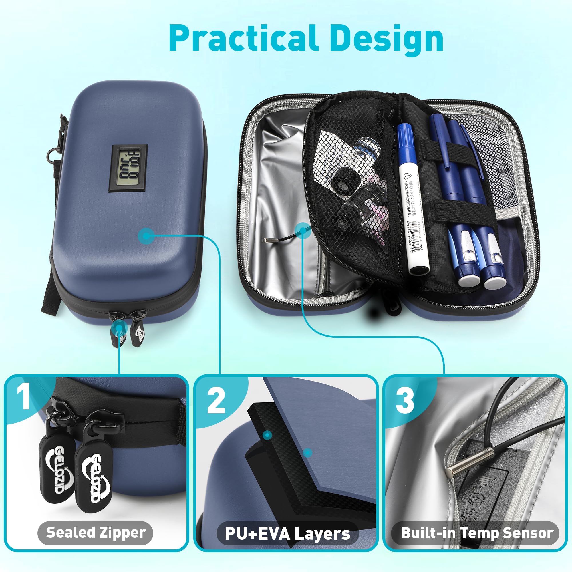 Gelozid Insulin Cooler Travel Case with Temperature Display 24h, TSA Approved Diabetes Travel Case with 2x160g Ice Packs for Dai