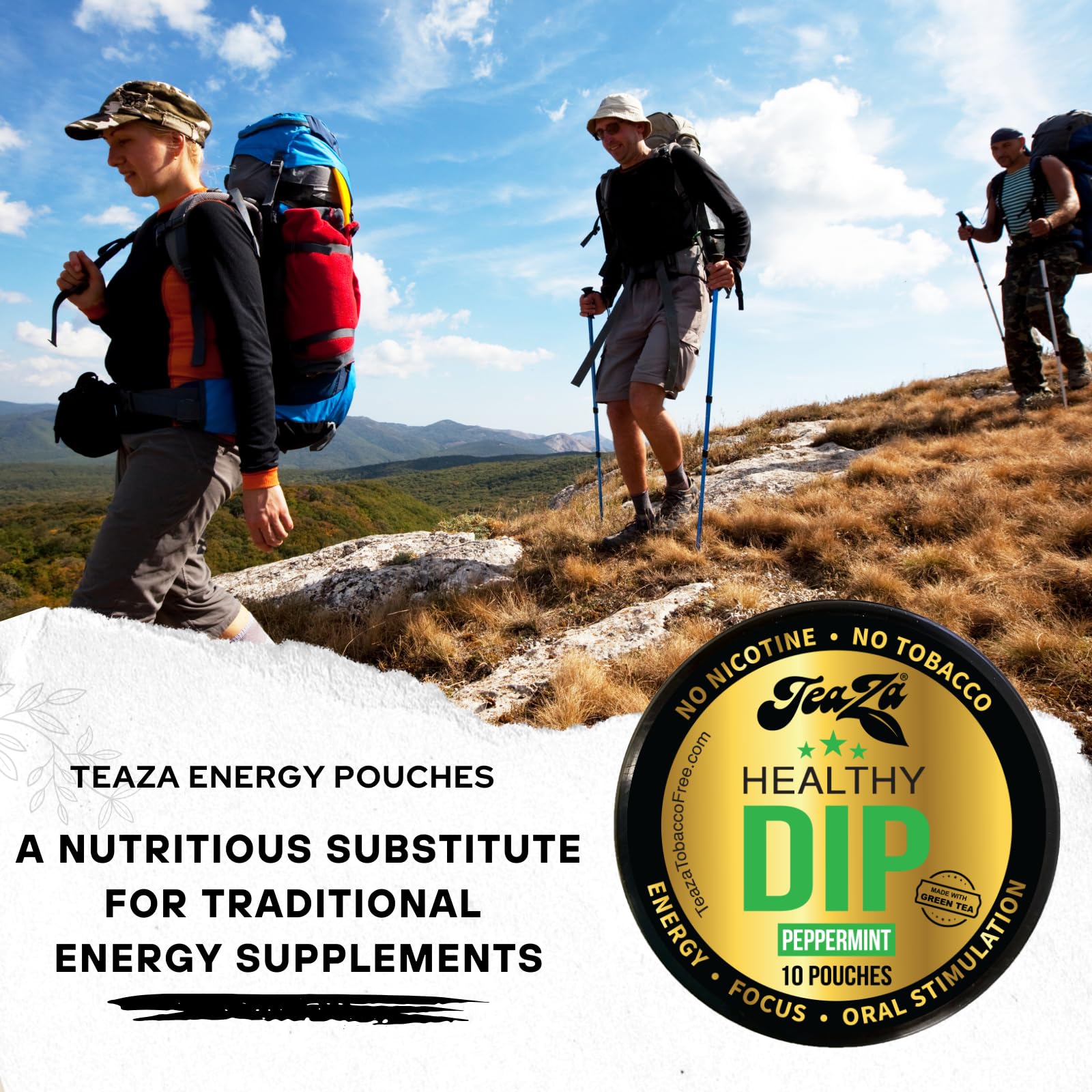 TeaZA Herbal Energy Pouches, Nicotine Free Tobacco Free Smokeless Alternative Snuff, Made with Green Tea Caffeine Dip Pouches, P