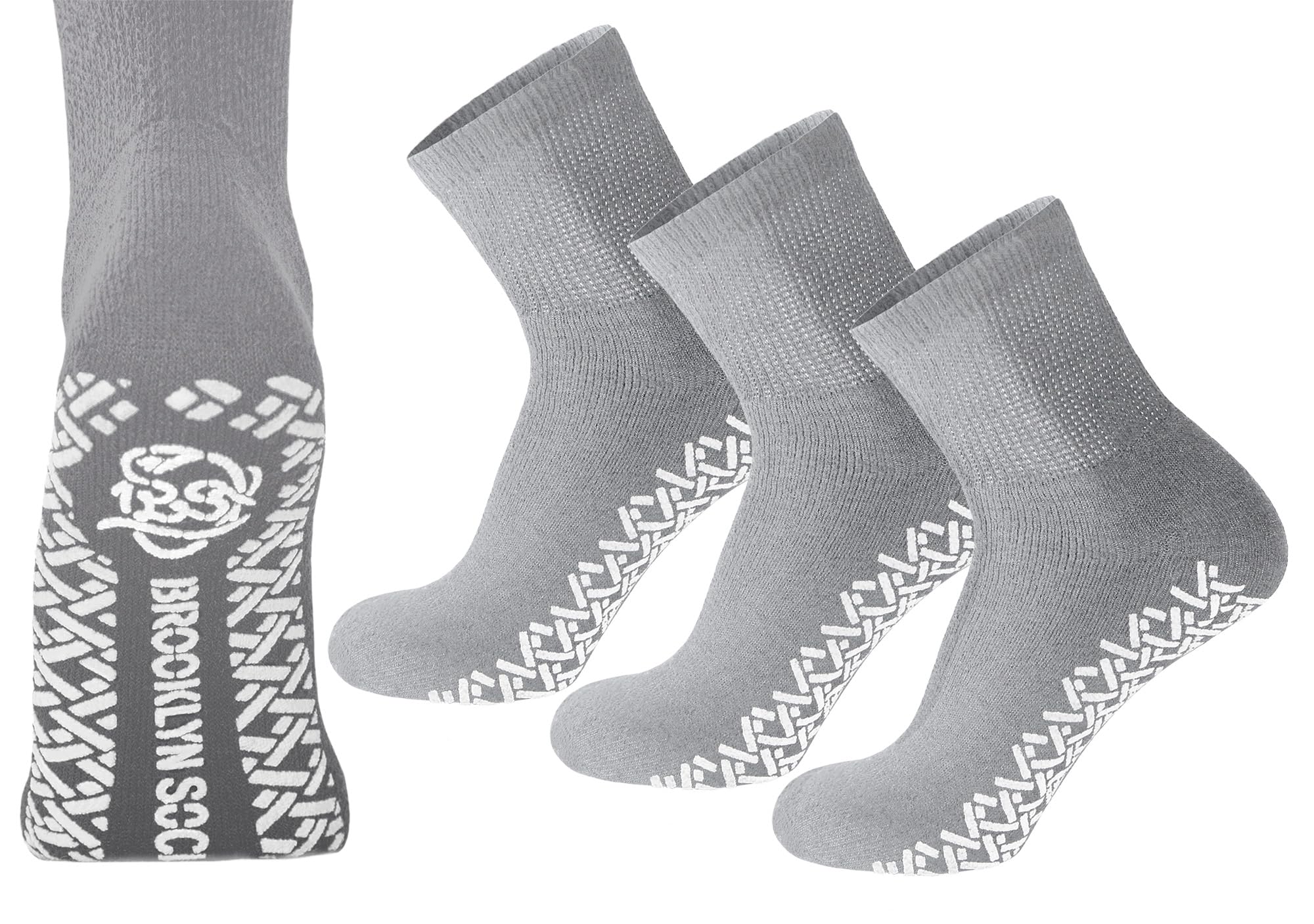 3 Pairs of Non-Skid Diabetic Cotton Quarter Socks with Non Binding Top (Grey, 10-13)