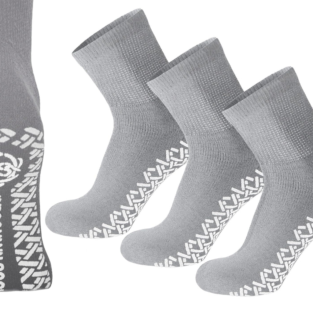 3 Pairs of Non-Skid Diabetic Cotton Quarter Socks with Non Binding Top (Grey, 10-13)