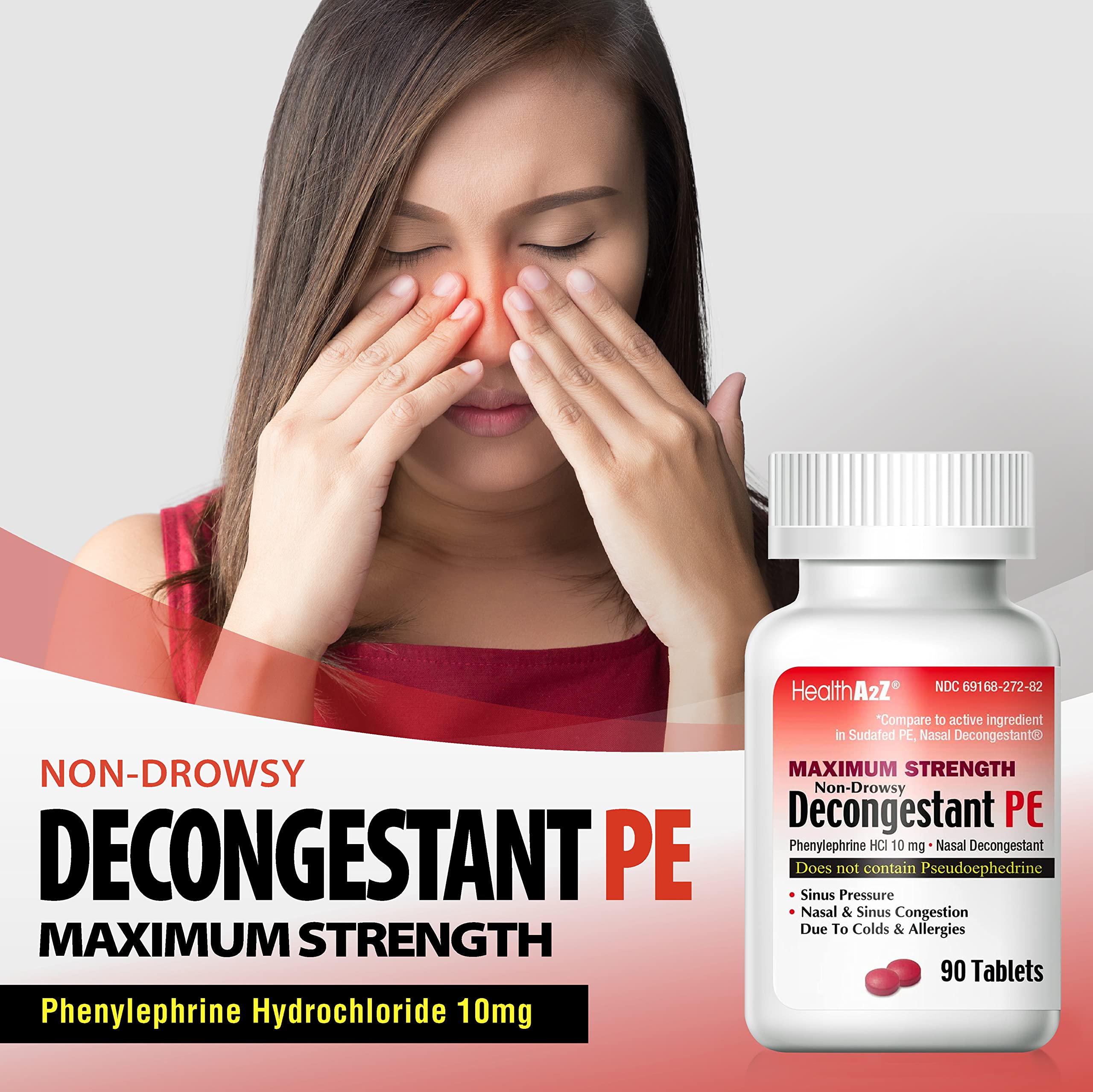 HealthA2Z Decongestant PE | Phenylephrine HCl 10 mg | Maximum Strength | Non-Drowsy Nasal & Sinus Congestion Relief Due to Cold