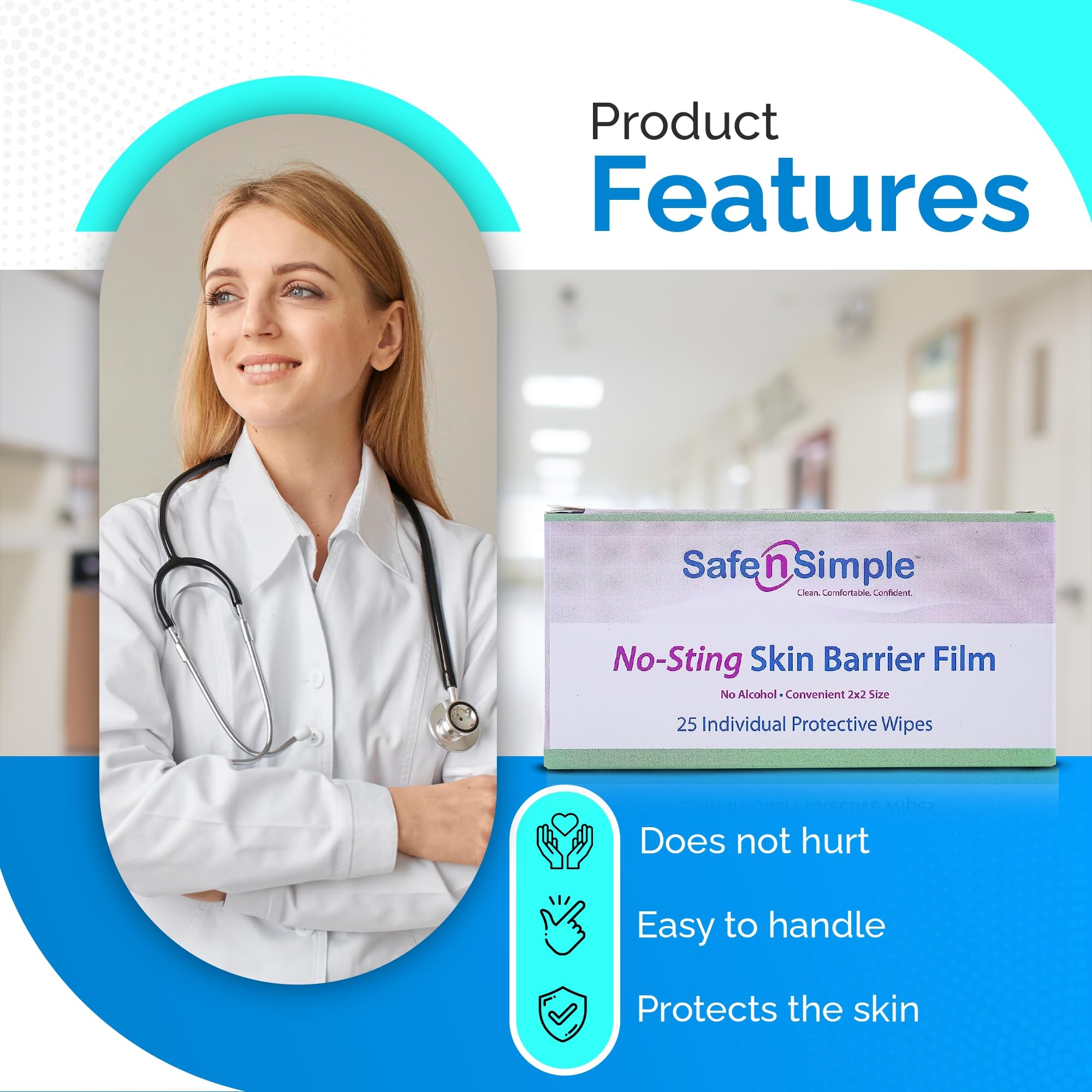 Safe n Simple Skin Barrier Wipes - 25 Large 5    x 7    Individually Wrapped No-Sting Barrier Film Wipes - Skin Prep Protective