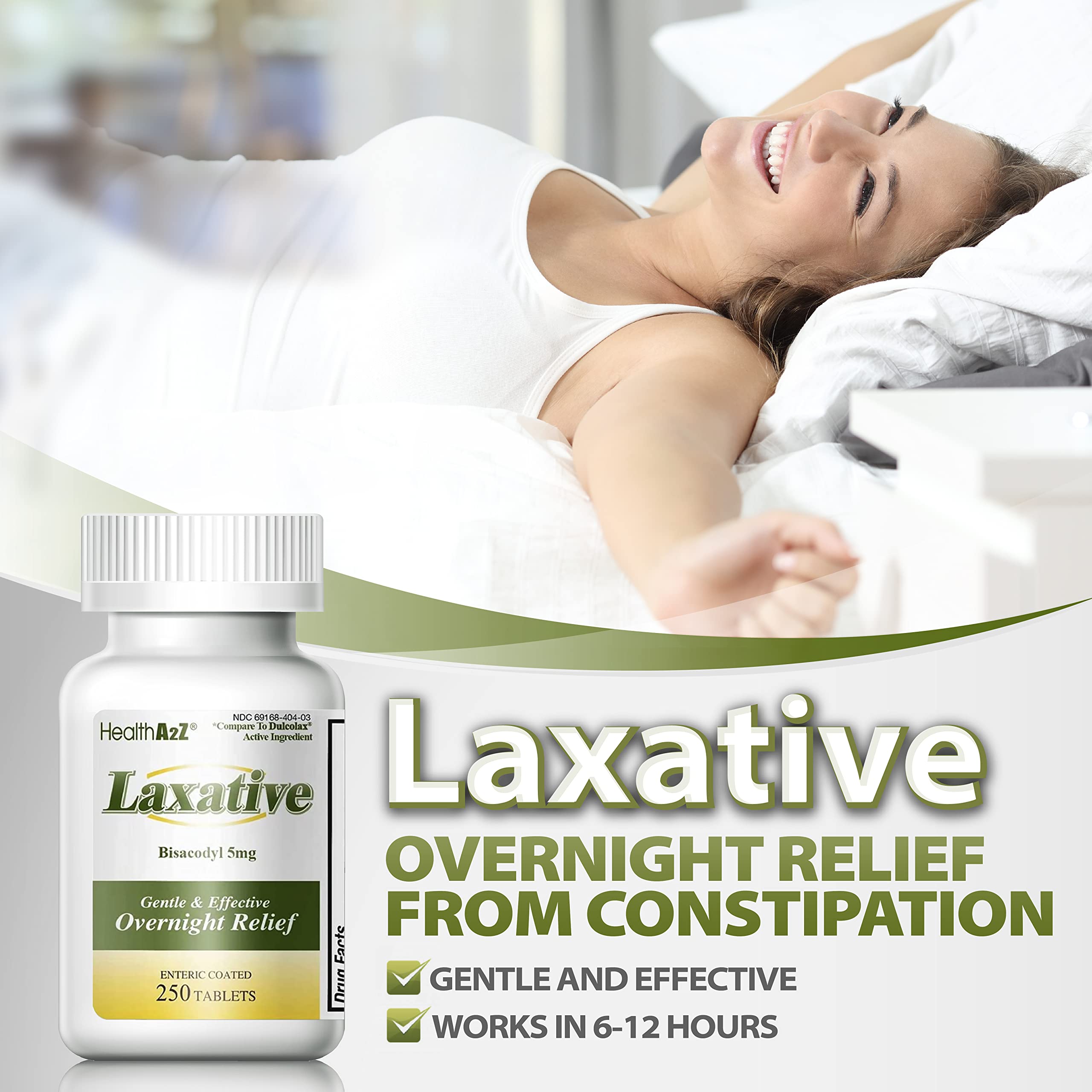 HealthA2Z Laxative Bisacodyl 5mg | 250 Counts | Gentle and Fast Overnight Relief for Constipation
