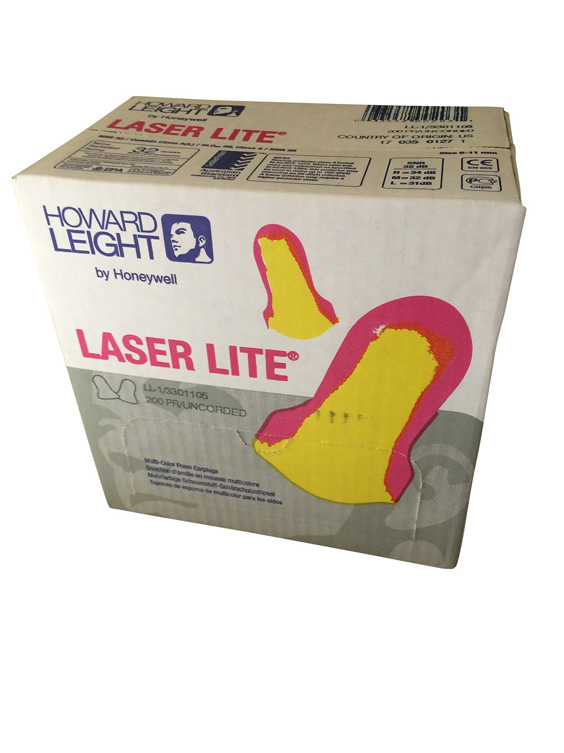 HONEYWELL LL-1 Howard Leight LL-1 Laser Lite Disposable Uncorded Foam Earplugs, Polycarbonate Foam, Standard, Red and Yellow (Pa