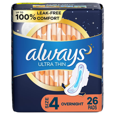 Always Ultra Thin Pads for Women, Size 4 Overnight Absorbency, Unscented with Wings, 26 Count