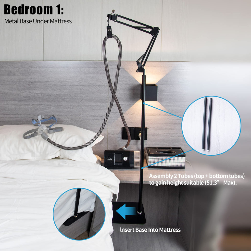 CPAP Hose Tube Holder Lifter Clamp Clip Hook Support Bedside Storage Kit_Metal Structure Strong_5.6 ft Max High_Angle Height Adj