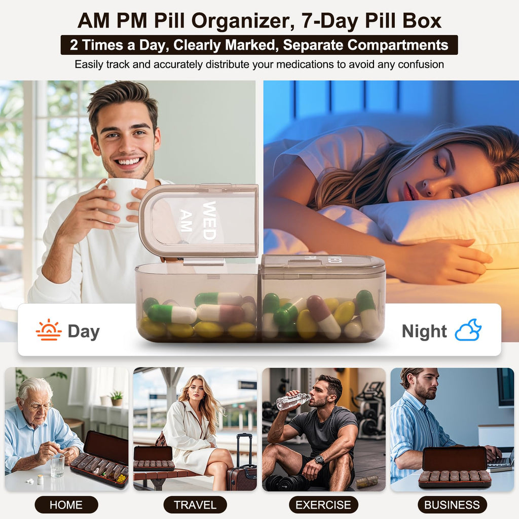 LOBIUTIYA Weekly Pill Organizer 2 Times a Day + 2 Detachable Organizers Kit - AM PM Travel for Vitamin Medicine Supplement Fish