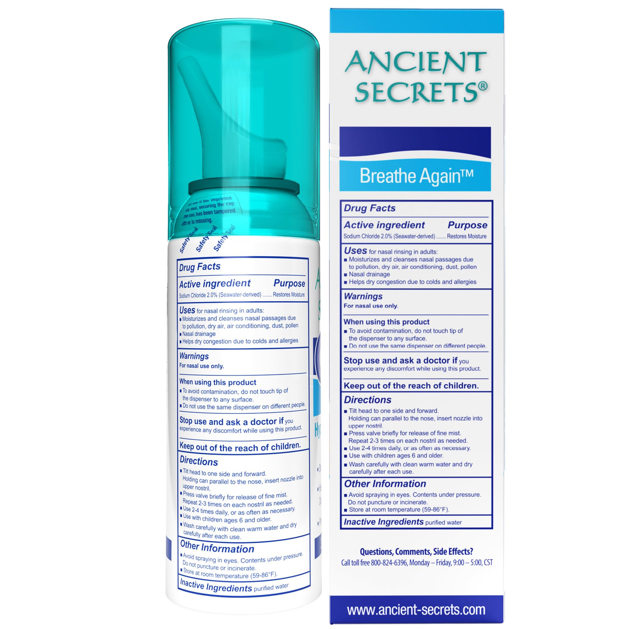 ANCIENT SECRETS Saline Nasal Spray - Breath Again Hypertonic Seawater Nasal Spray, Allergy & Sinus Relief, Nasal Congestion Mois