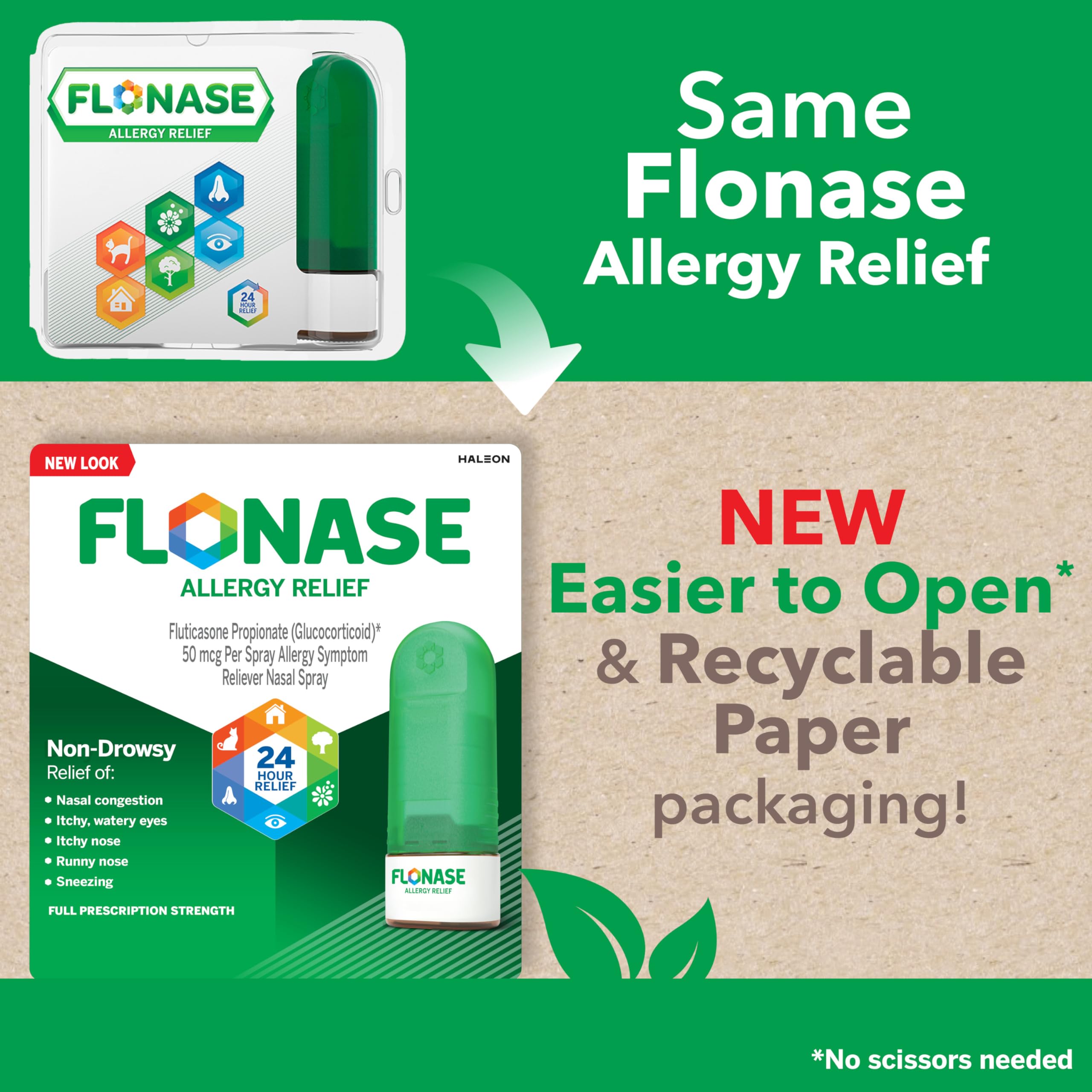 Flonase Allergy Relief Nasal Spray, 24-Hour Non-Drowsy Multi-Symptom Relief - 144 Sprays, Bonus Pack of Tissues