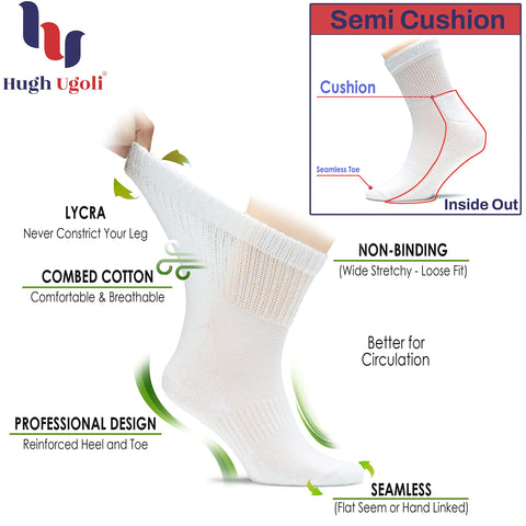 Hugh Ugoli Women's Cotton Diabetic Ankle Socks, Wide, Loose & Stretchy, Seamless Toe & Non Binding Top, 3 Pairs, Black/Grey/Navy