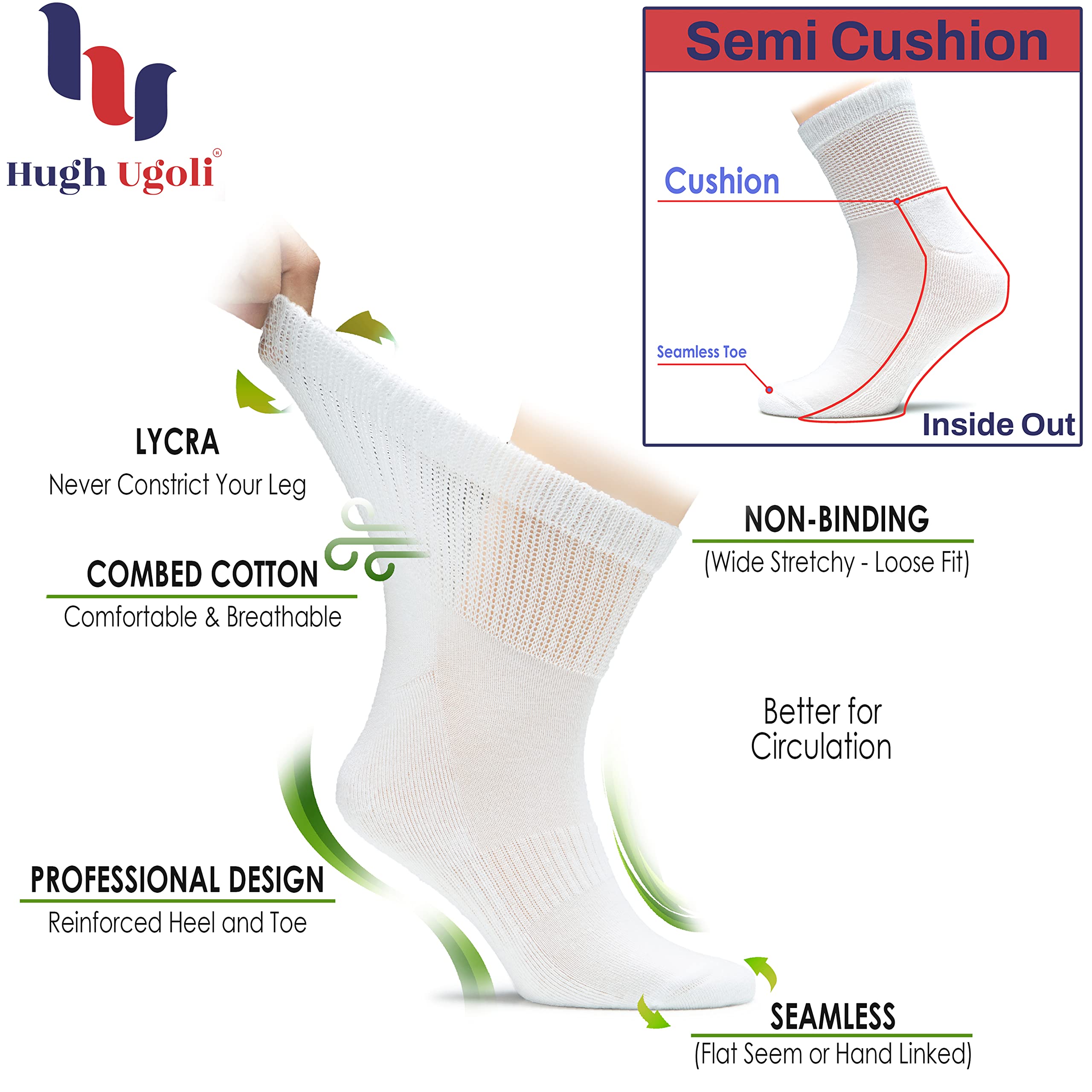 Hugh Ugoli Men's Cotton Diabetic Ankle Socks, Wide, Loose and Stretchy, Seamless Toe & Non Binding Top, Semi Cushion, 3 Pairs, N