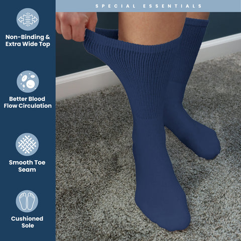 Special Essentials 12 Pairs Cotton Diabetic Socks for Men & Women - Non-Binding Extra Wide Top Neuropathy Socks - Crew Socks Nav