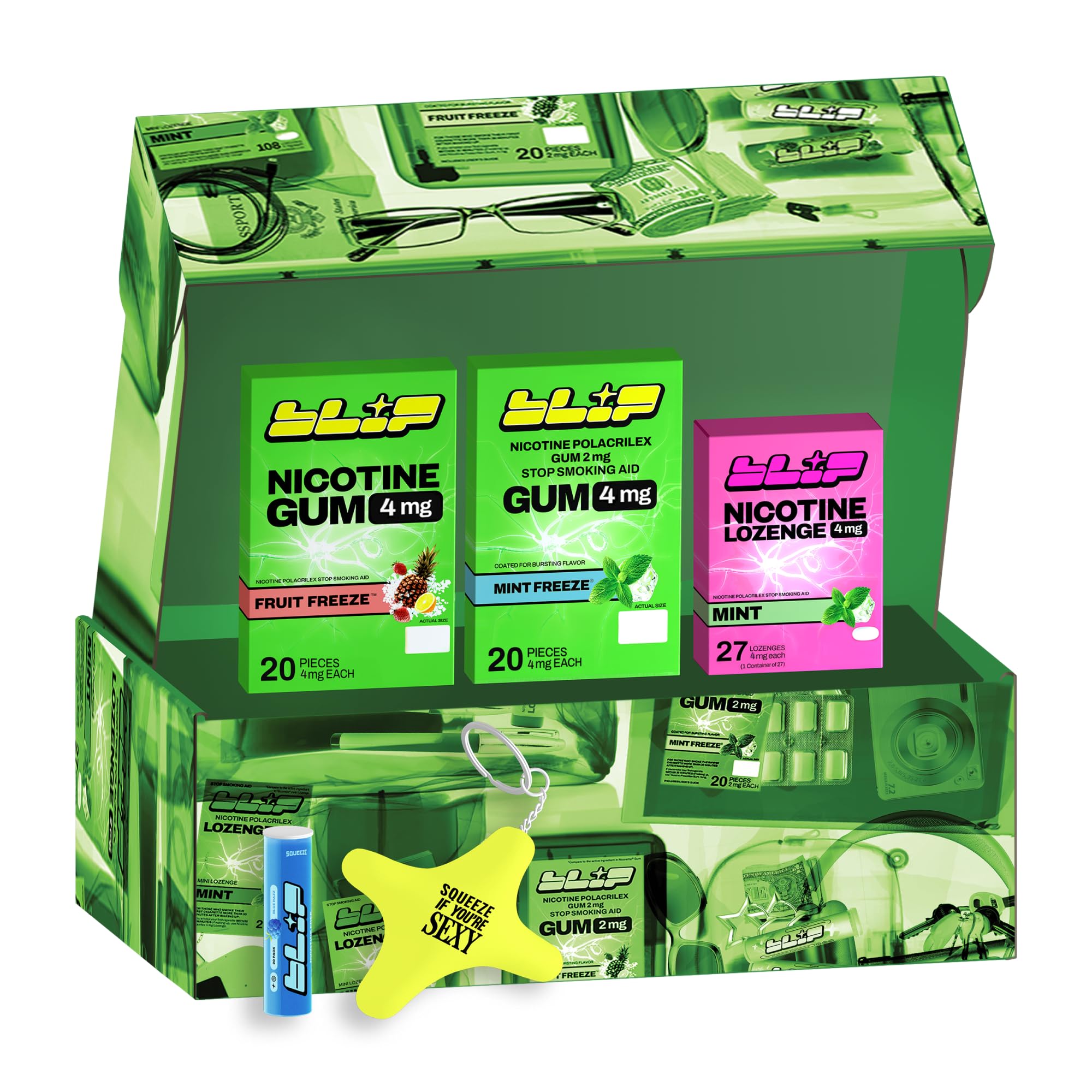 NRT Blip Quit Smoking Kit | Nicotine Gum (4mg, Fruity), Lozzies (4mg, Mint), Blue Raspberry Toothpicks & Stress Star Distraction