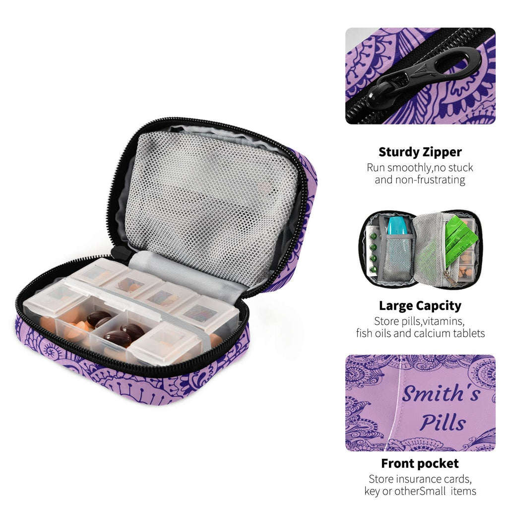 Custom Pill Box 7 Day Pill Case Bag Purple Floral Paisley Personalized Name Travel Pill Organizer Bag with Zipper Portable Weekl
