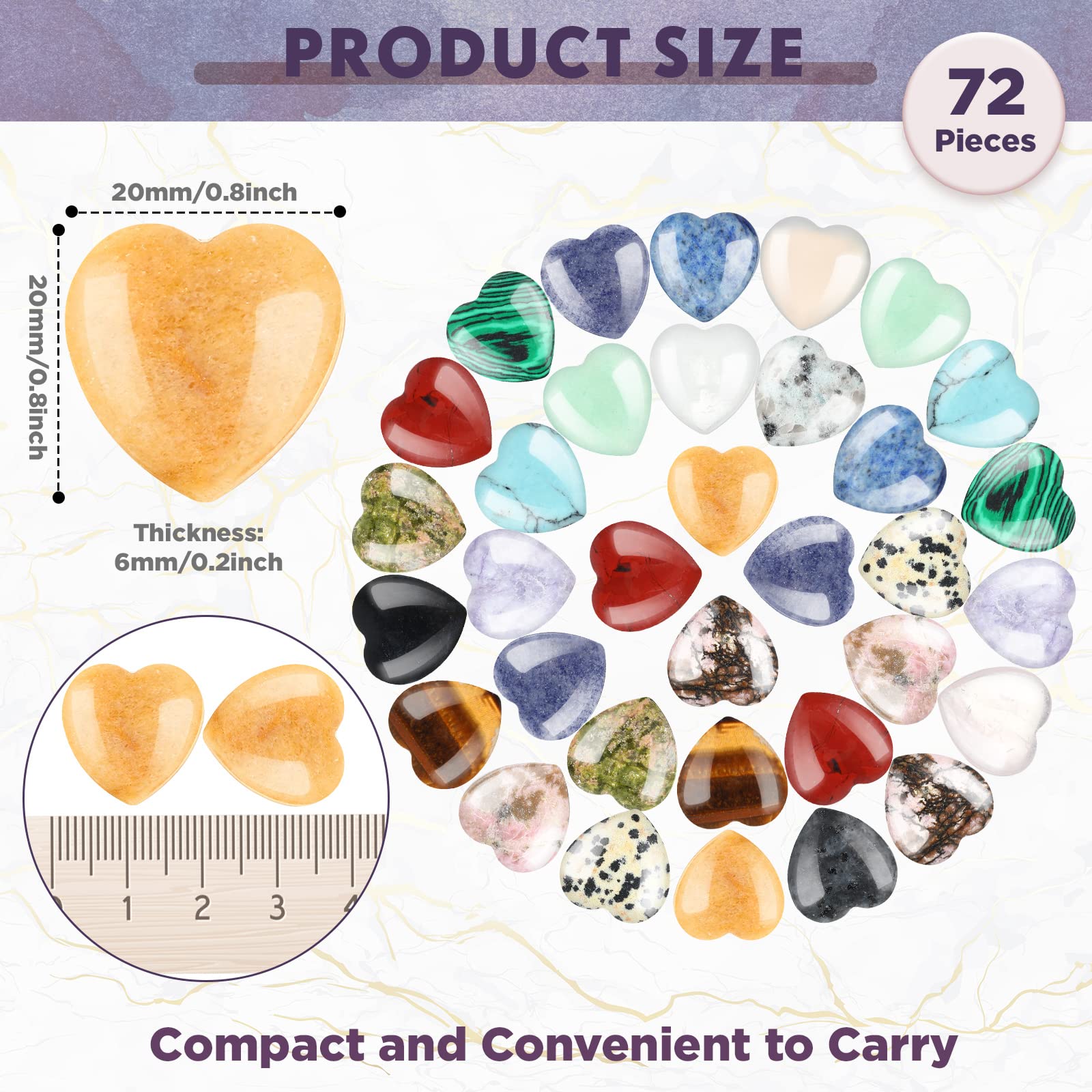 Nuenen 72 Pcs Natural Heart Shaped Crystal Stone 0.8'' Worry Stone Bulk Heart Palm Pocket Healing Carved Love Mini Gemstone Deco