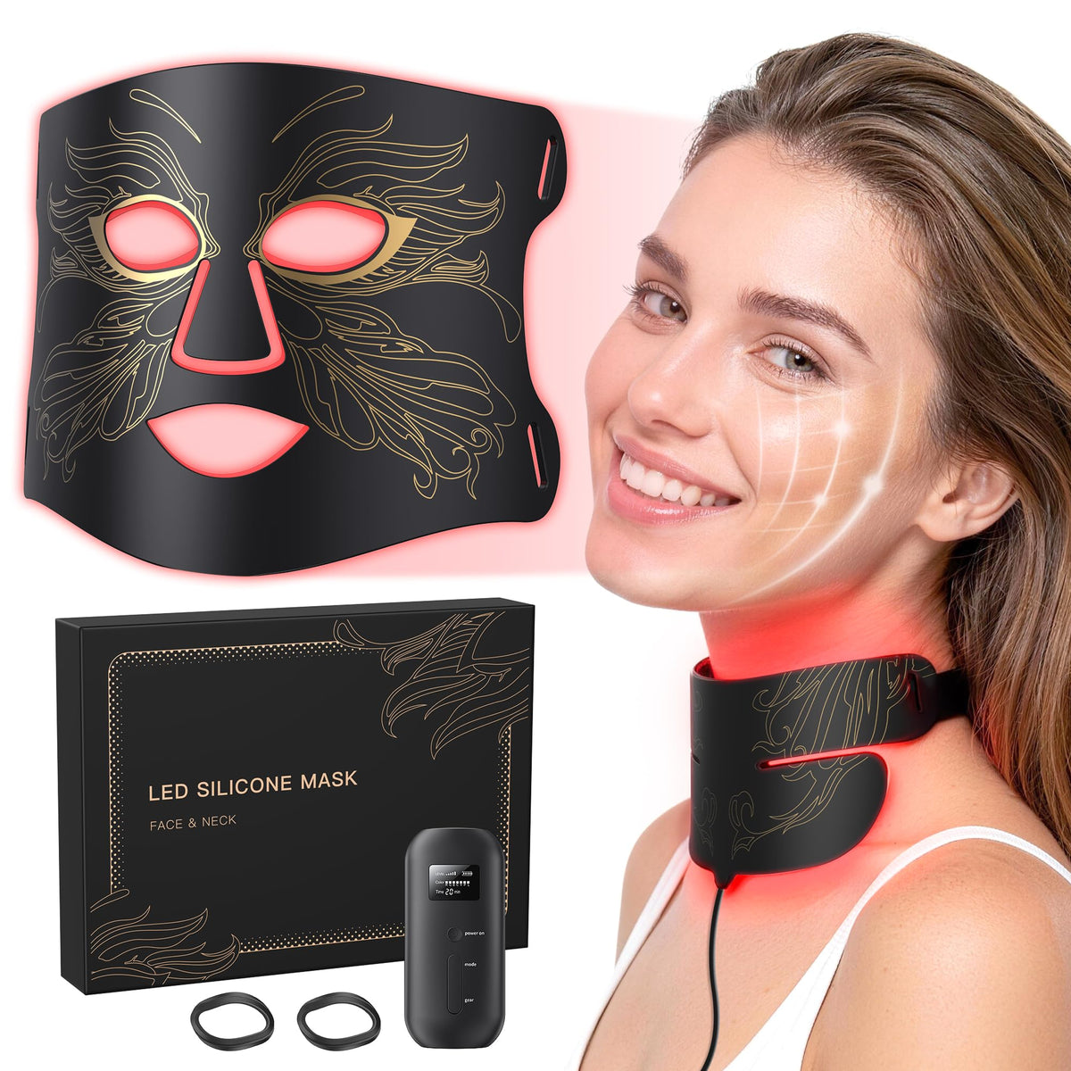 7in1 Red Light Therapy for Face & Neck, SkinFriendly Silicone Red Light Therapy Mask with 324 LEDs, 5 Brightness Levels & 20 