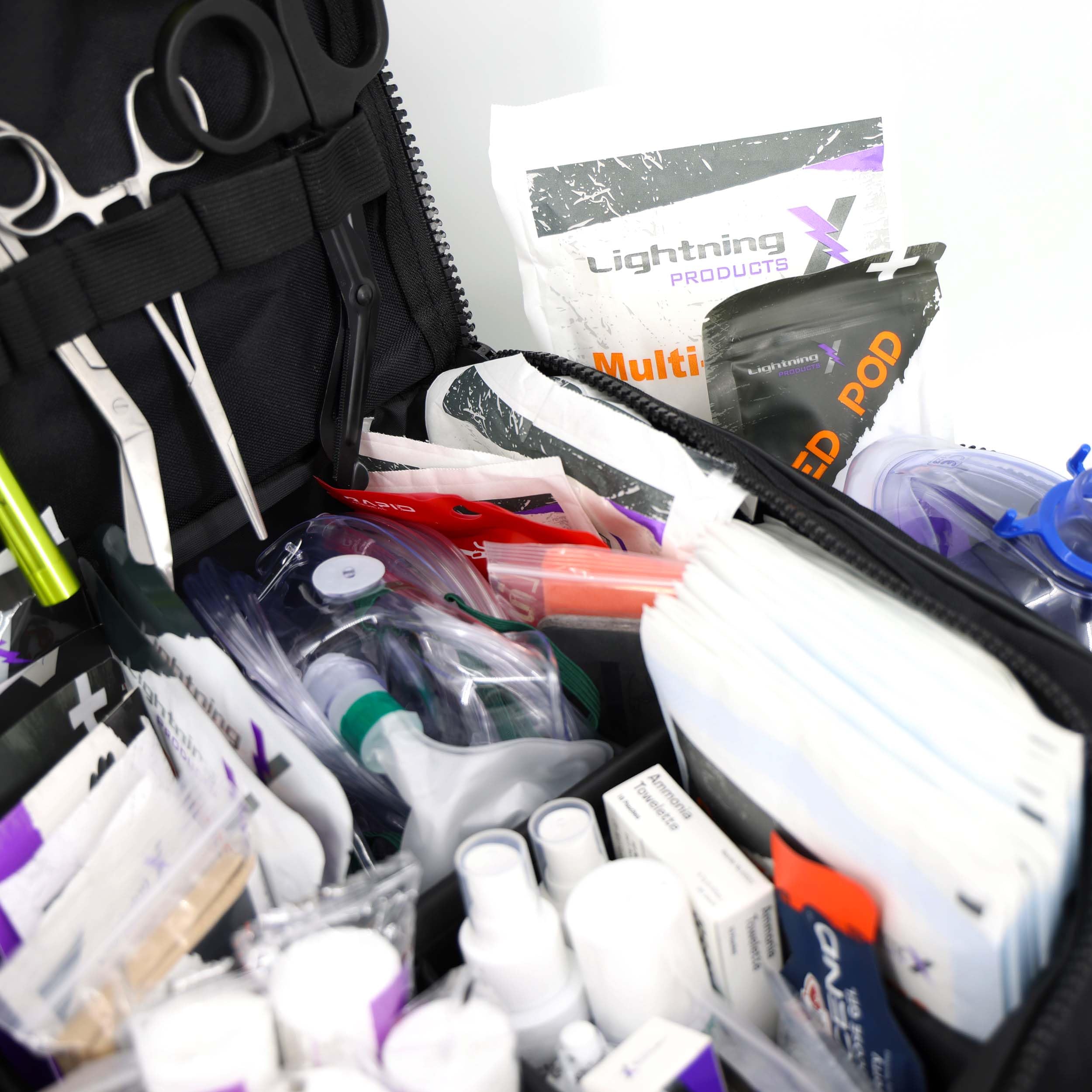 Lightning X Pre-Stocked EMS/EMT Trauma Kit w/Large First Responder Bag & 256 First Aid Medical Supplies - Black
