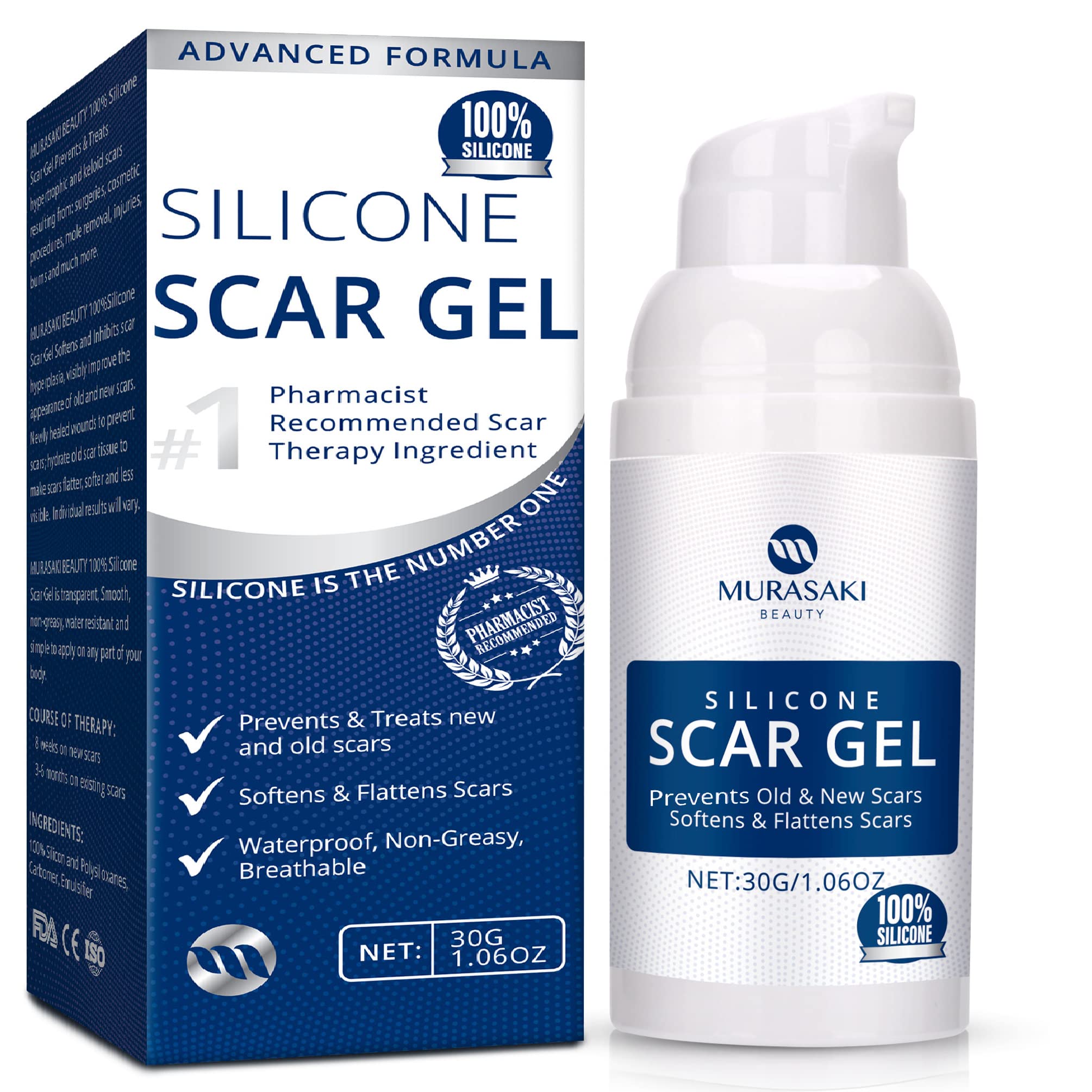 100% Silicone Scar Gel Scar Cream - Advanced Scar Gel for Surgical Scars, C-Section, Stretch Marks, Acne, Injury, Burns, Keloids