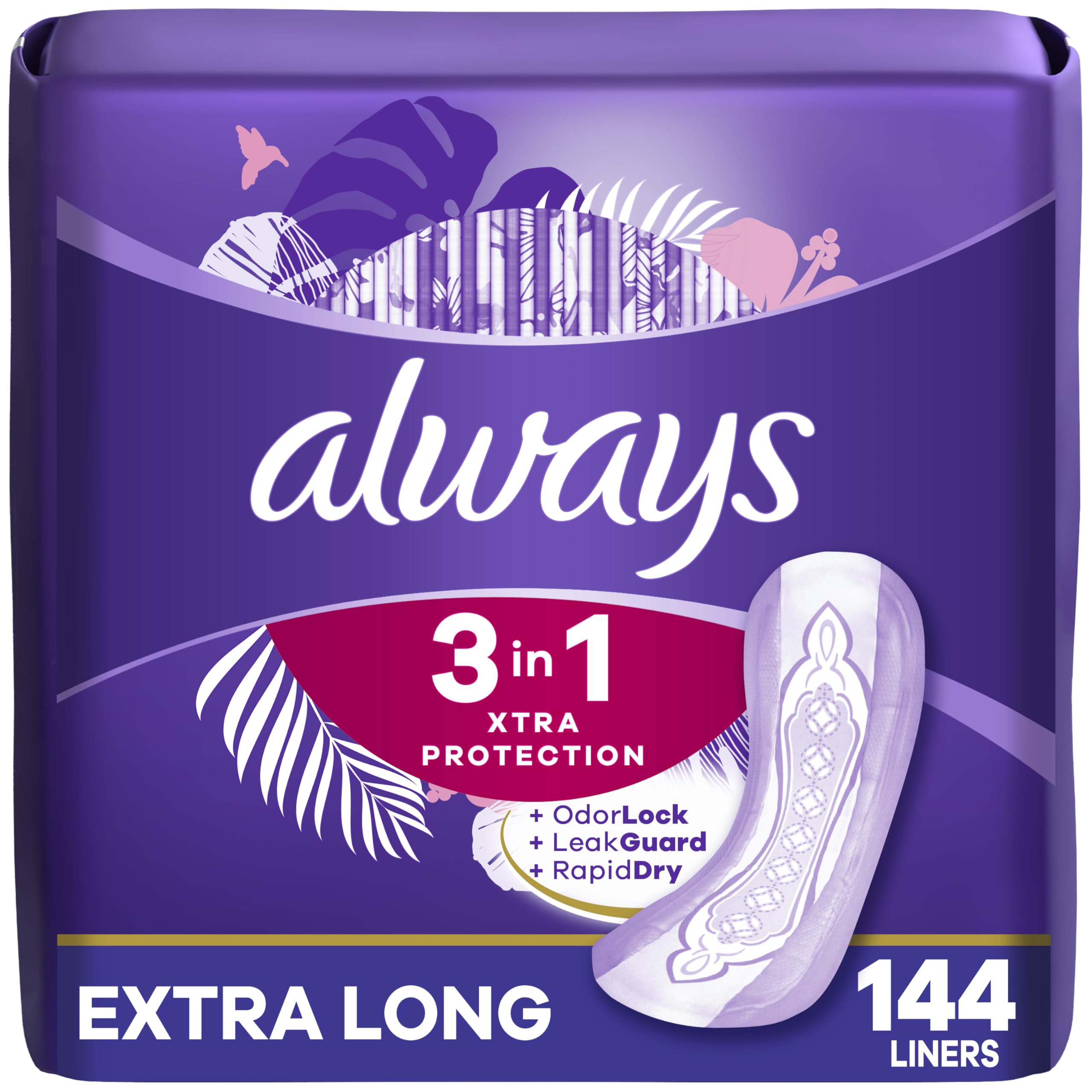 Always 3-in-1 Xtra Protection, Daily Liners for Women, Extra Long, with Leakguard + Rapid Dry, Deodorizing, 48 Count x 3 Packs (