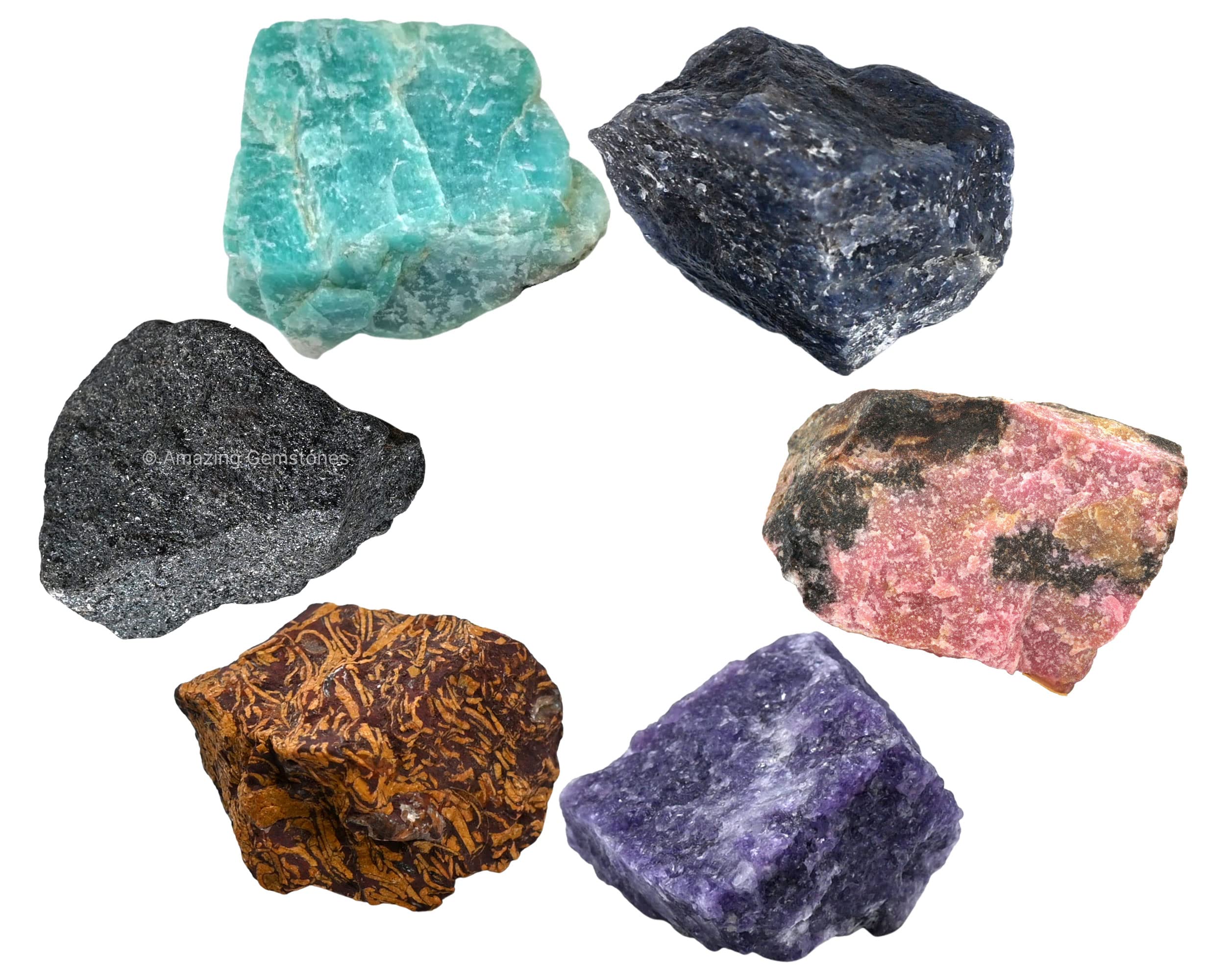 Crystals for Quit Alcohol Manifestation, Set of 6 Amazonite, Blue Aventurine, Hematite, Rhodonite, Mariyam Jasper and Lepidolite