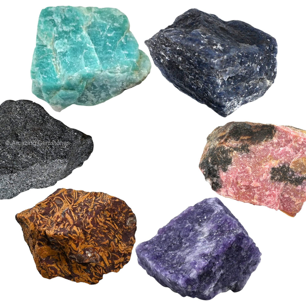 Crystals for Quit Alcohol Manifestation, Set of 6 Amazonite, Blue Aventurine, Hematite, Rhodonite, Mariyam Jasper and Lepidolite