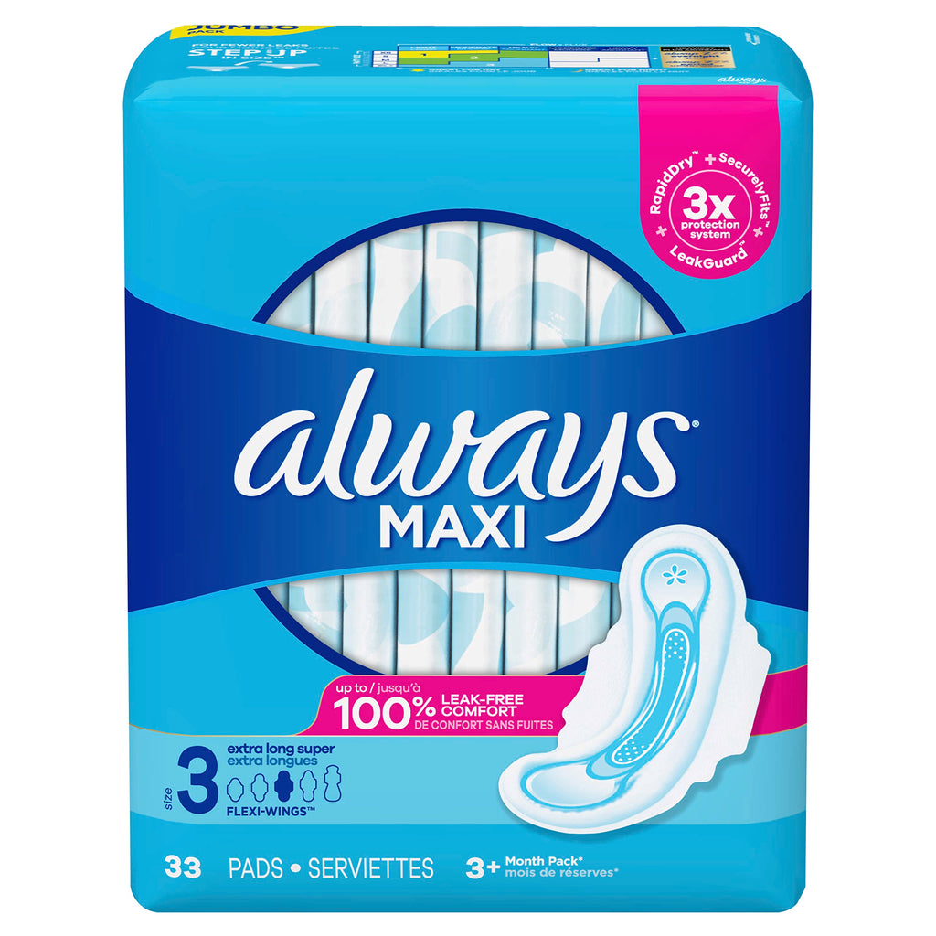 Always Maxi Size 3 Feminine Pads with Wings, Extra Long Super Absorbency, Unscented, 33 Count