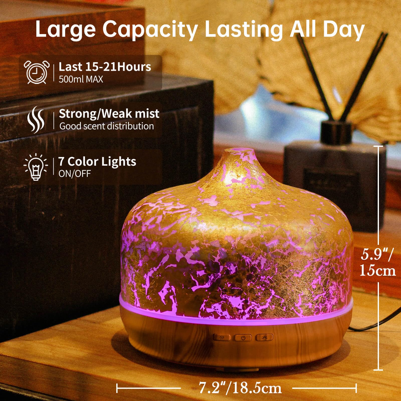 Porseme 500ml Essential Oil Diffuser Gold Plated Glass Aromatherapy Ultrasonic Humidifier - Auto Shut-Off, Timer Setting, BPA Fr