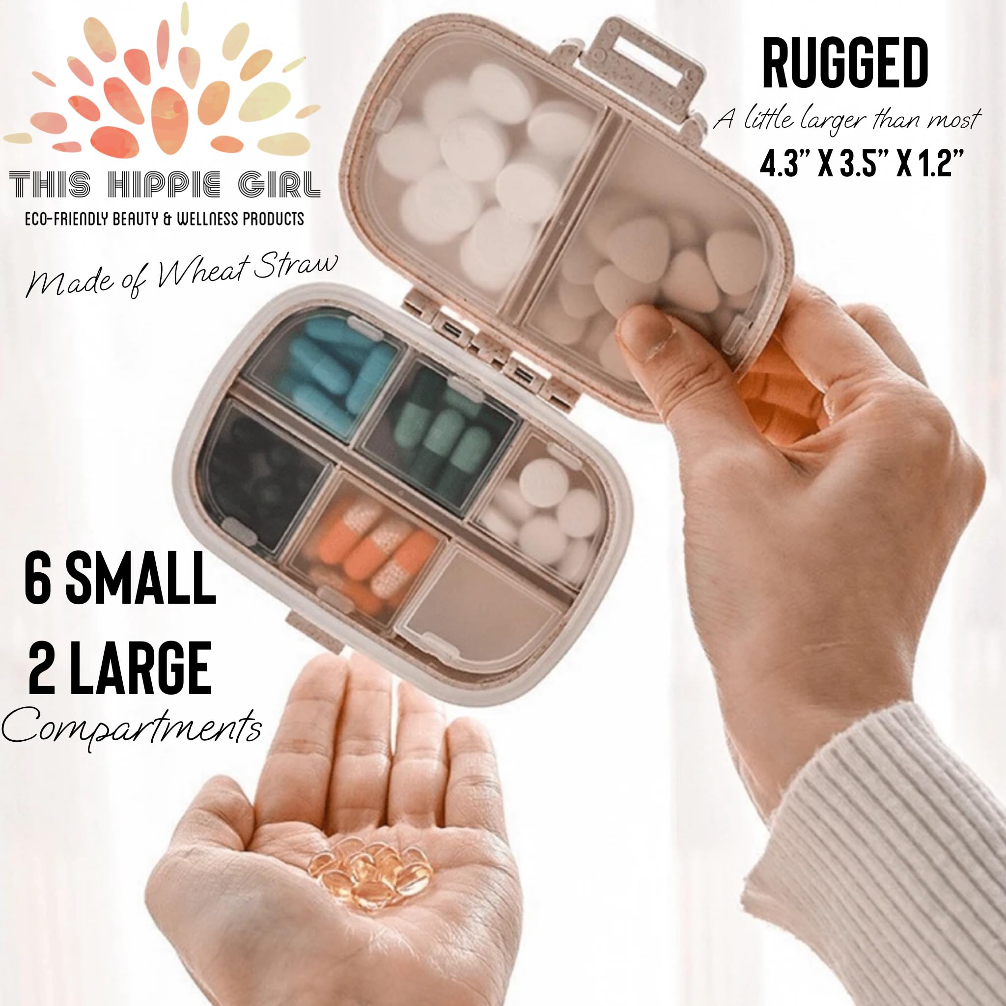 This Hippie Girl, ON-The-GO Vitamin and Pill Organizer, Travel Pill Box, Non-Plastic Wheat Grass Biodegradable Medicine Organize