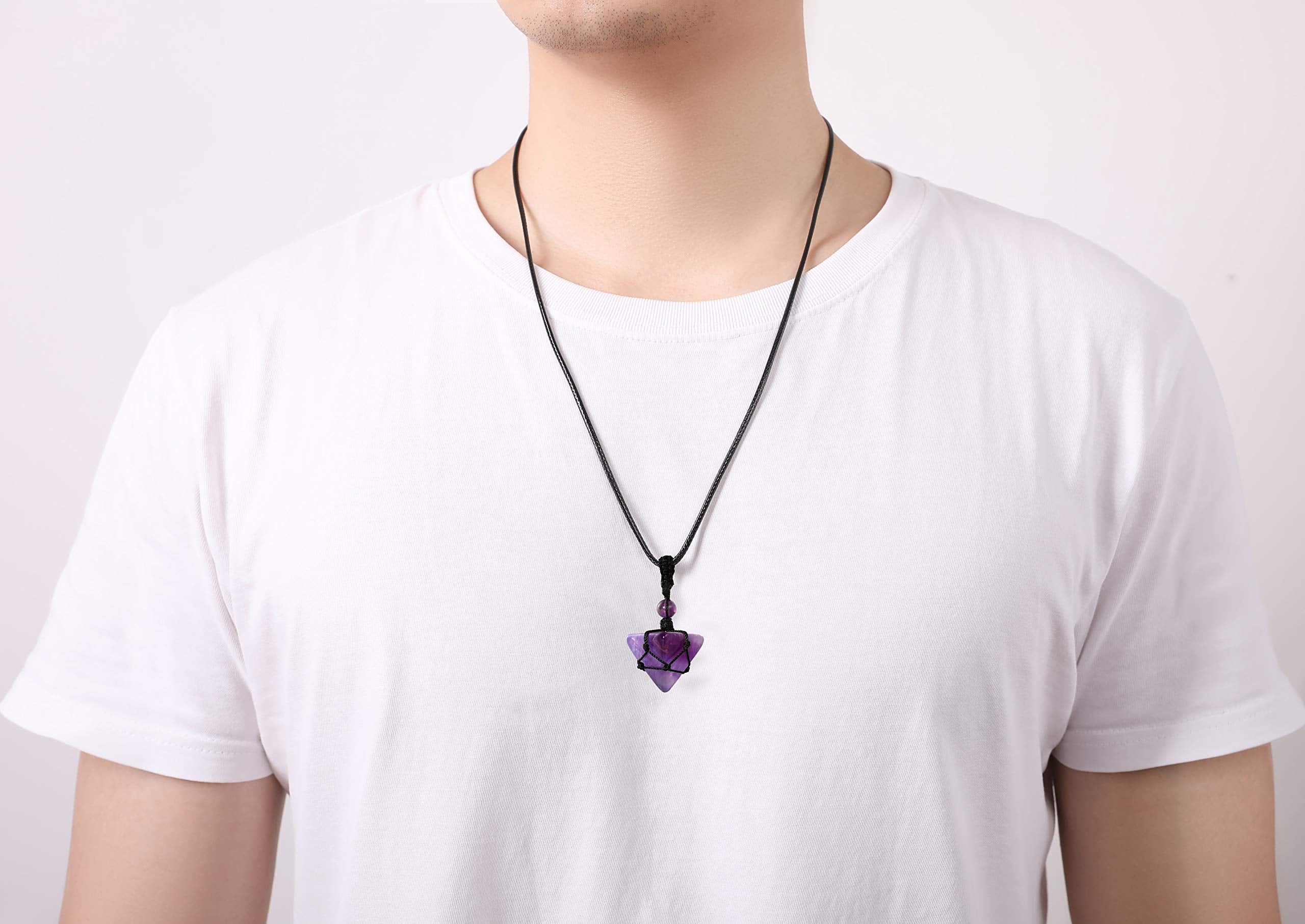 XIANNVXI Amethyst Healing Crystal Stone Necklace Pyramid Gemstone Pendant Necklaces Adjustable Rope Natural Reiki Quartz Jewelry
