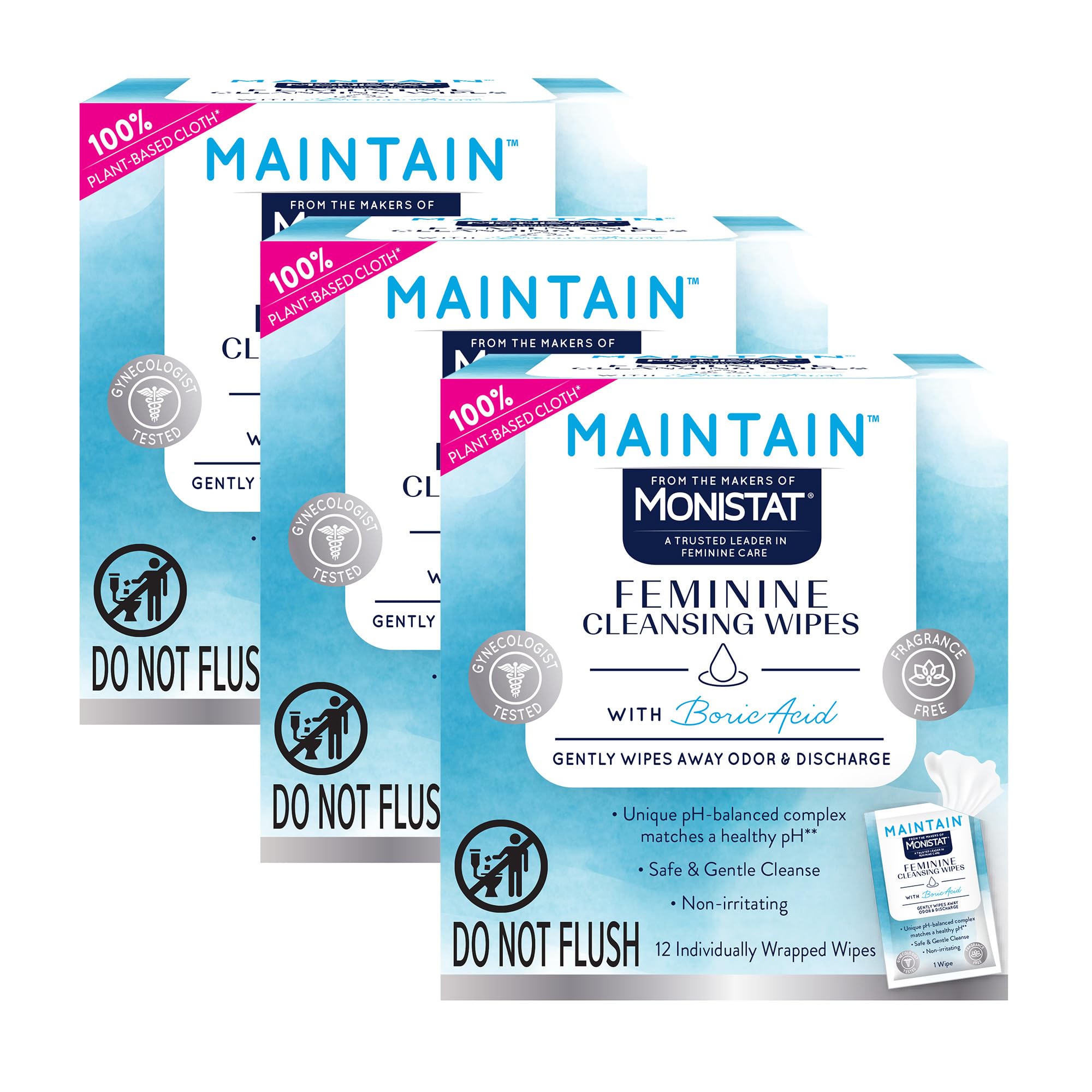 Monistat Maintain Feminine Wipes with Boric Acid for Feminine Care, Fragrance Free, 12 Ct, 3 Pk