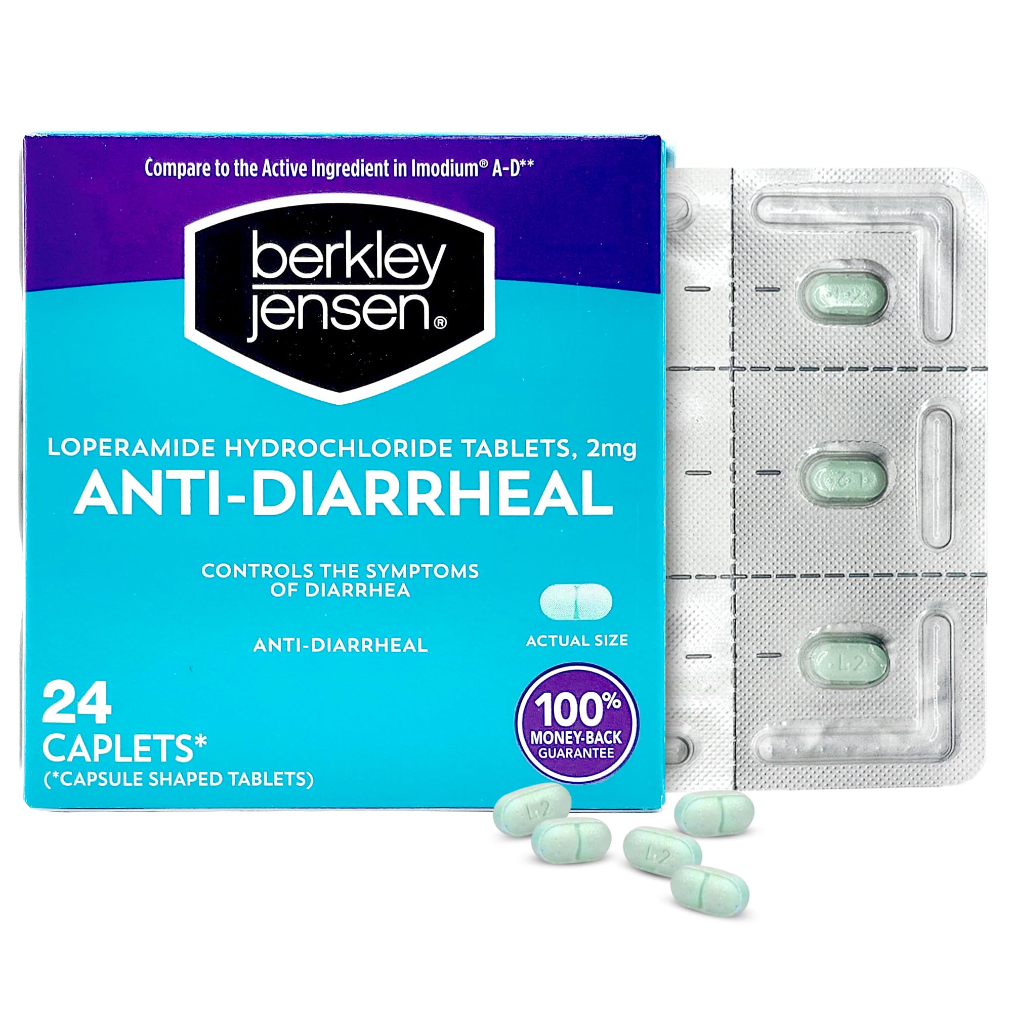 berkley jensen Anti-Diarrheal Medicine - Loperamide Hydrochloride 2 mg Diarrhea Relief Caplets - Control Symptoms of Diarrhea In